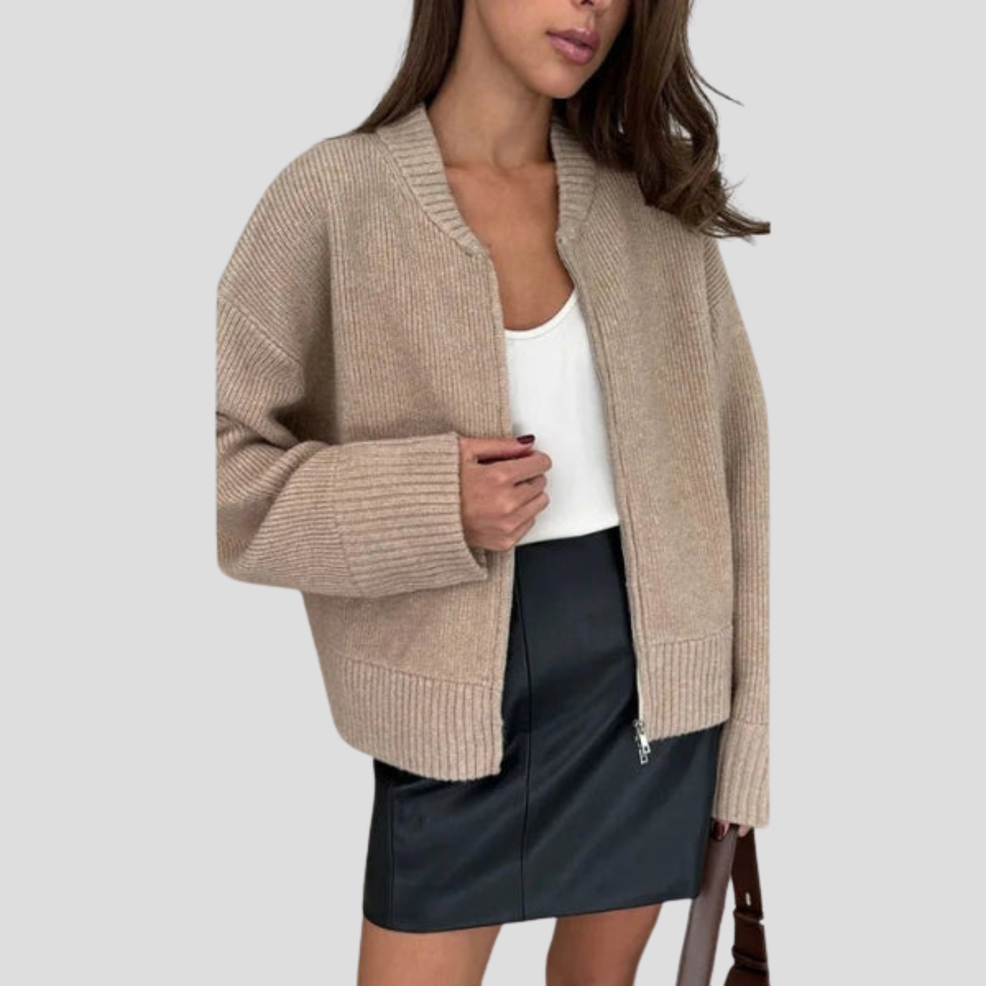 Women's zip-front relaxed cardigan shown in brown, beige and grey