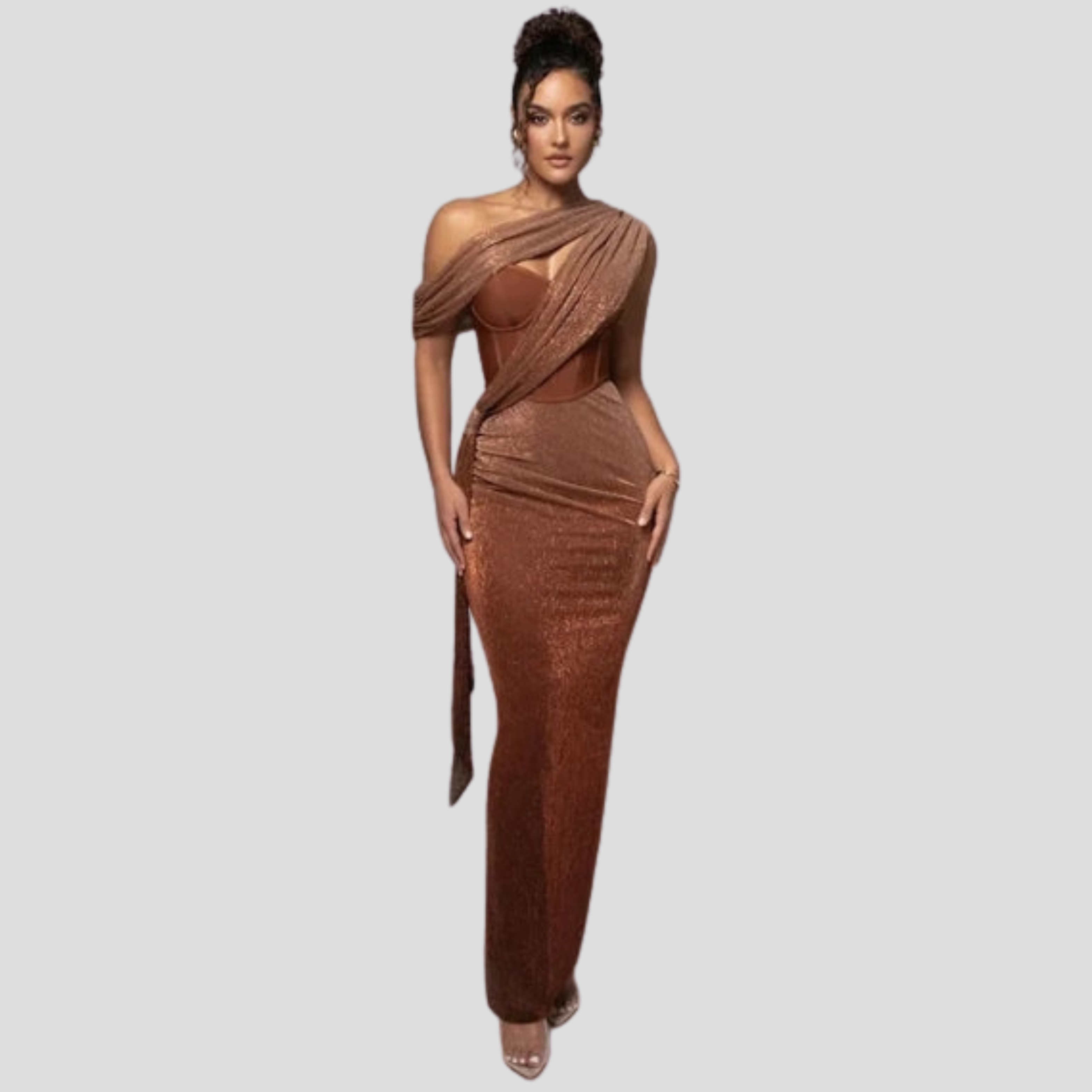 Woman wearing a one-shoulder draped floor-length maxi evening dress