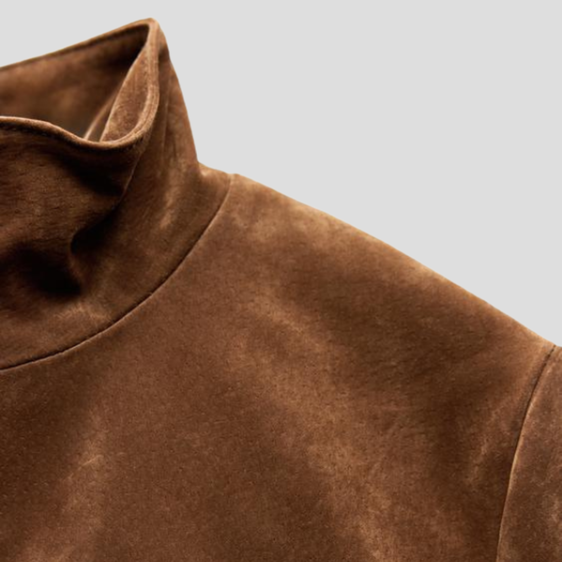 Women's cropped brown jacket with high collar and front zip closure