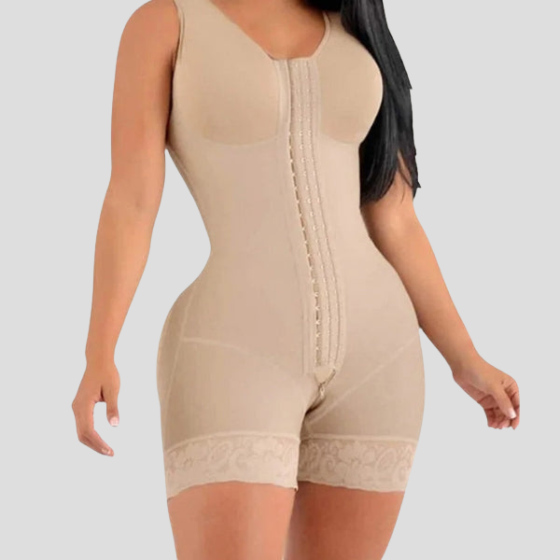 Women's full-length sculpting bodysuit with hook-front closure in black and beige