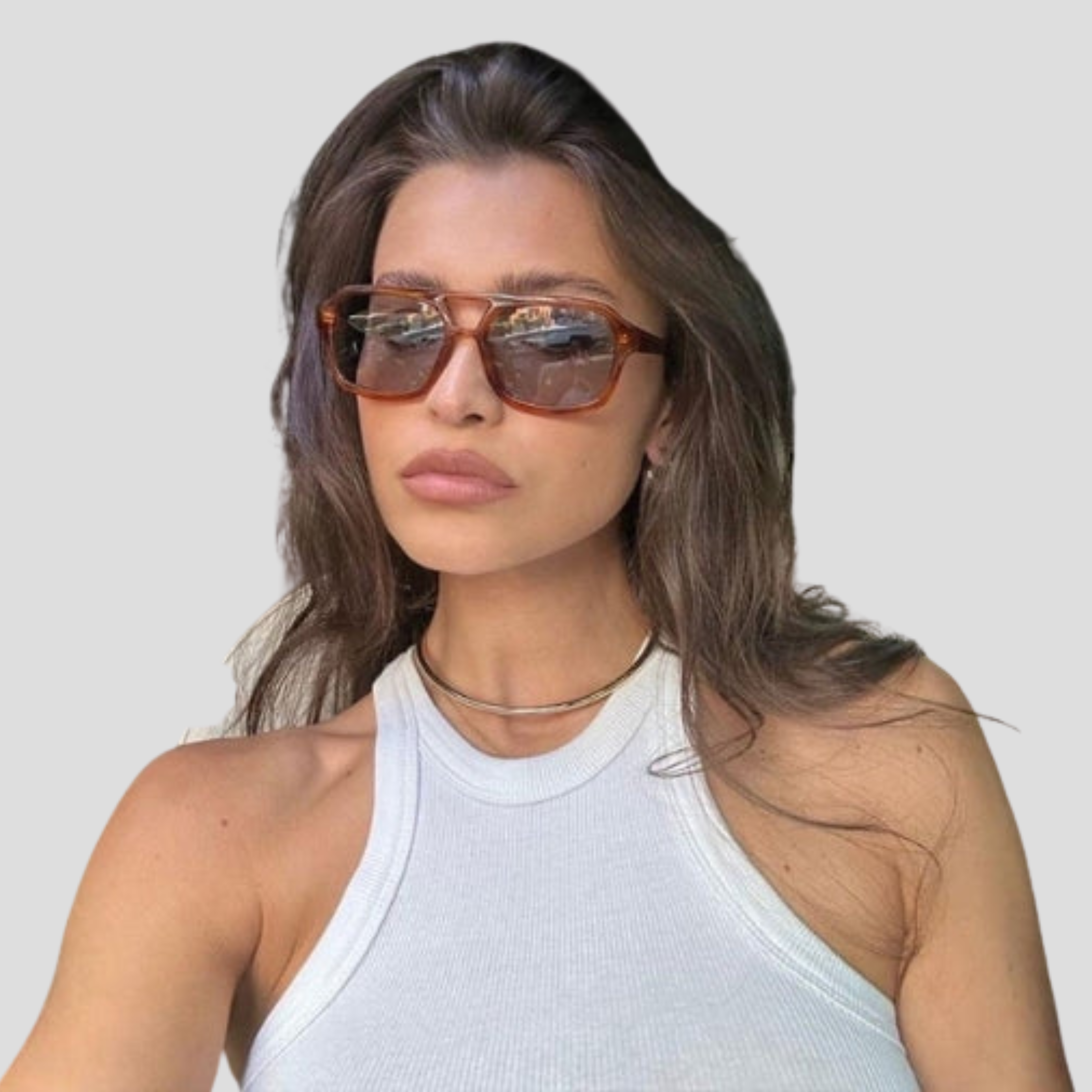Women's brown square-frame sunglasses with a defined geometric outline