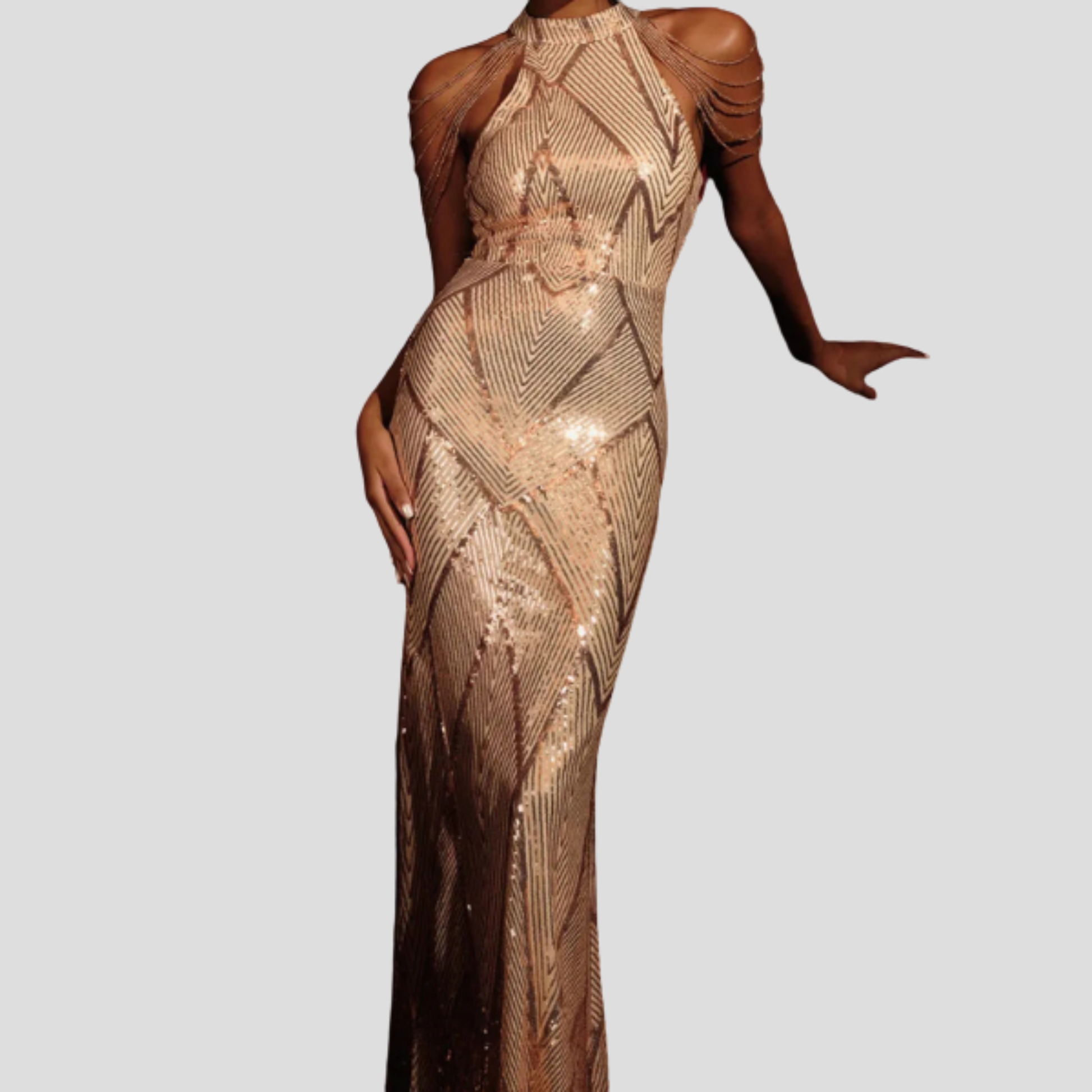 Women's fitted sequin evening gown with halter neckline in gold