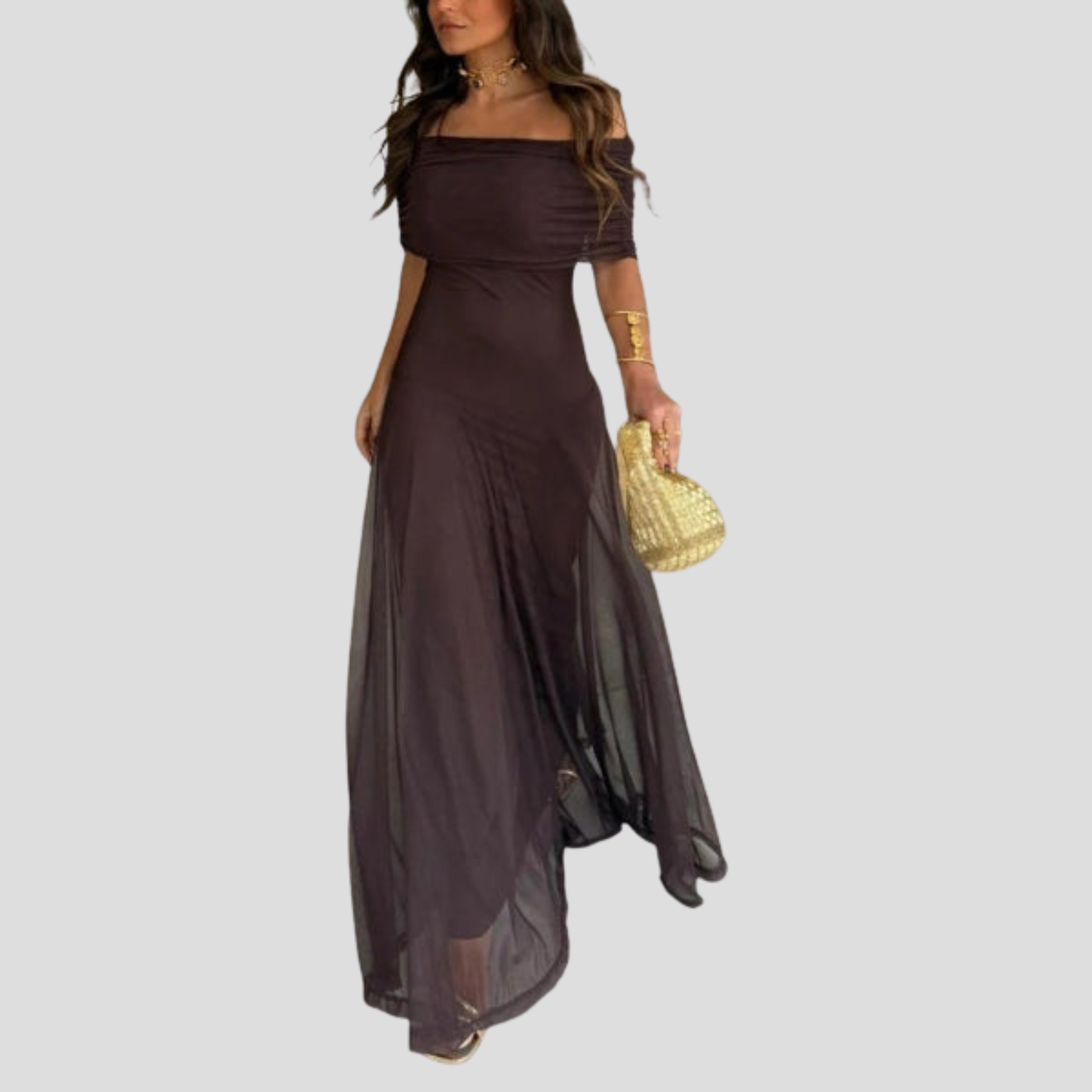 Brown off-shoulder maxi dress with sheer overlay and floor-length silhouette for evening wear