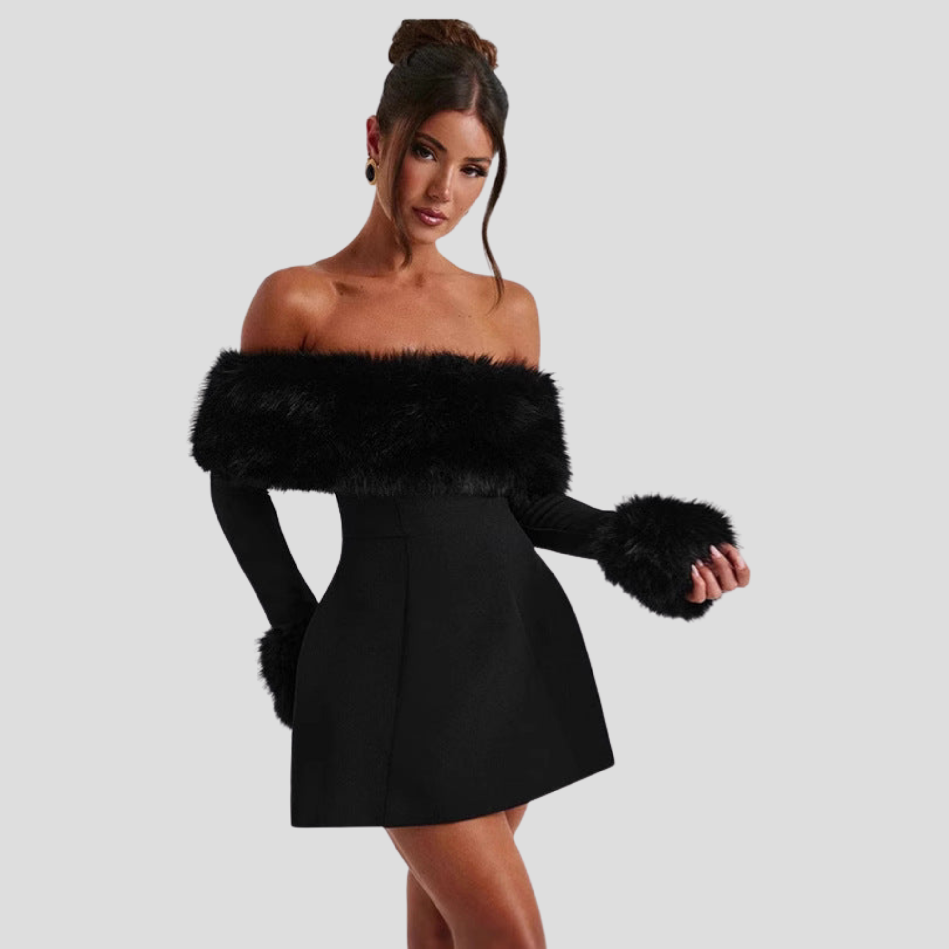 Black off-shoulder mini dress with flared hem for evening wear