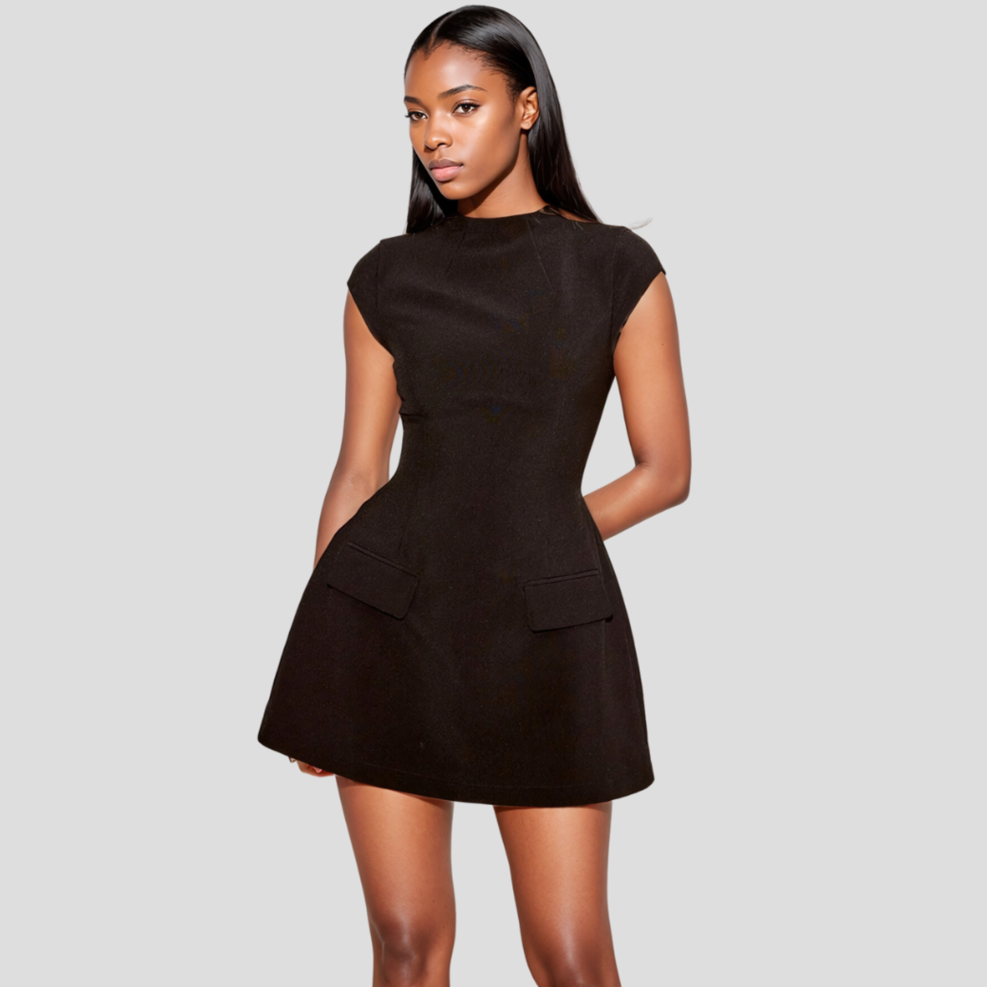 Women's high-neck mini dress with cinched waist in black and white for evening wear