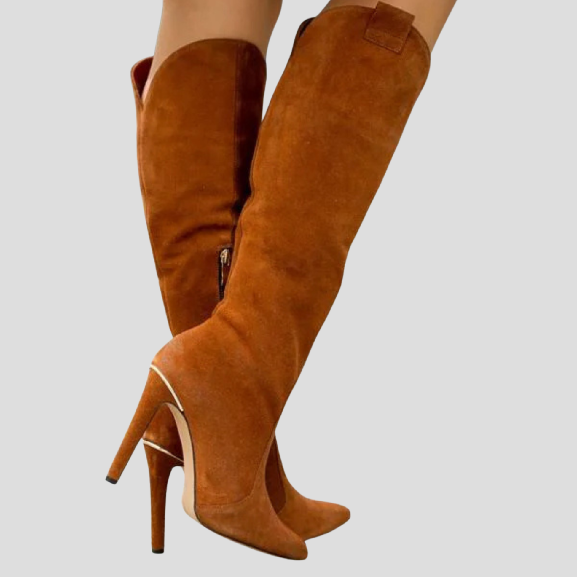 Knee-high pointed-toe women's boots with a slim heel and clean vertical silhouette