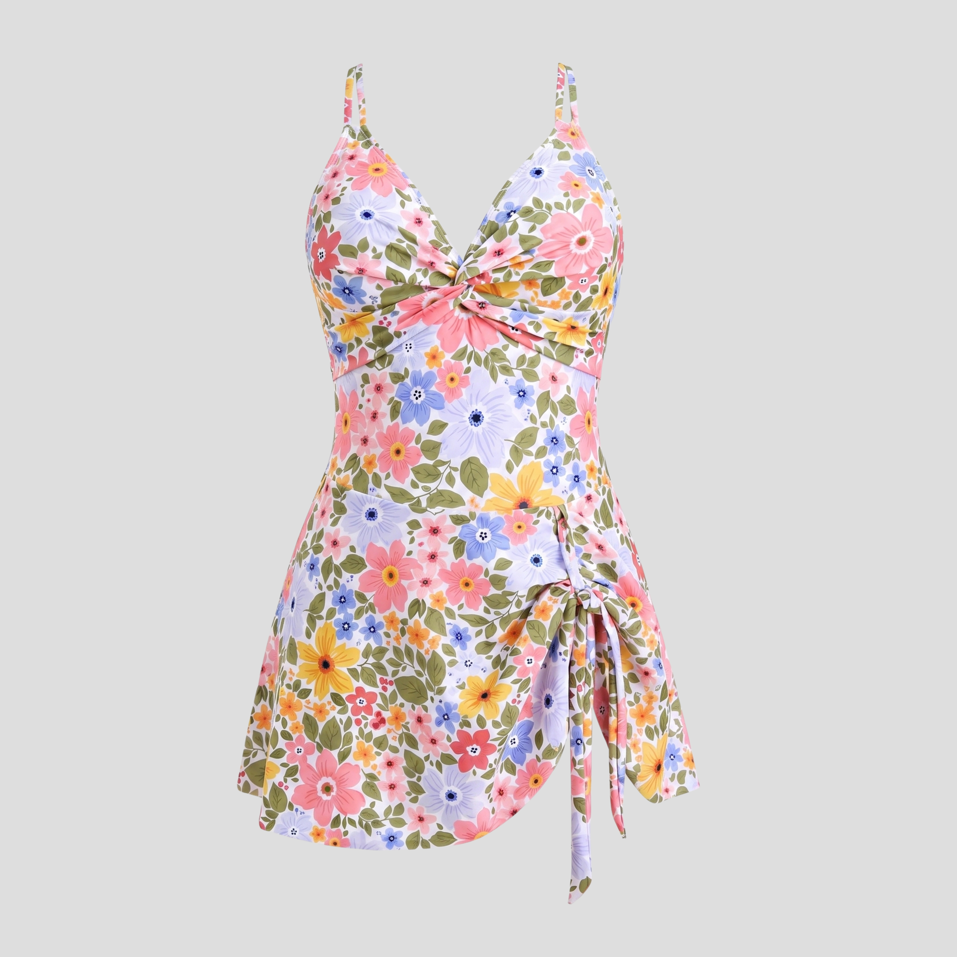 Women's twist-front one-piece swimsuit with skirted overlay and crossover back