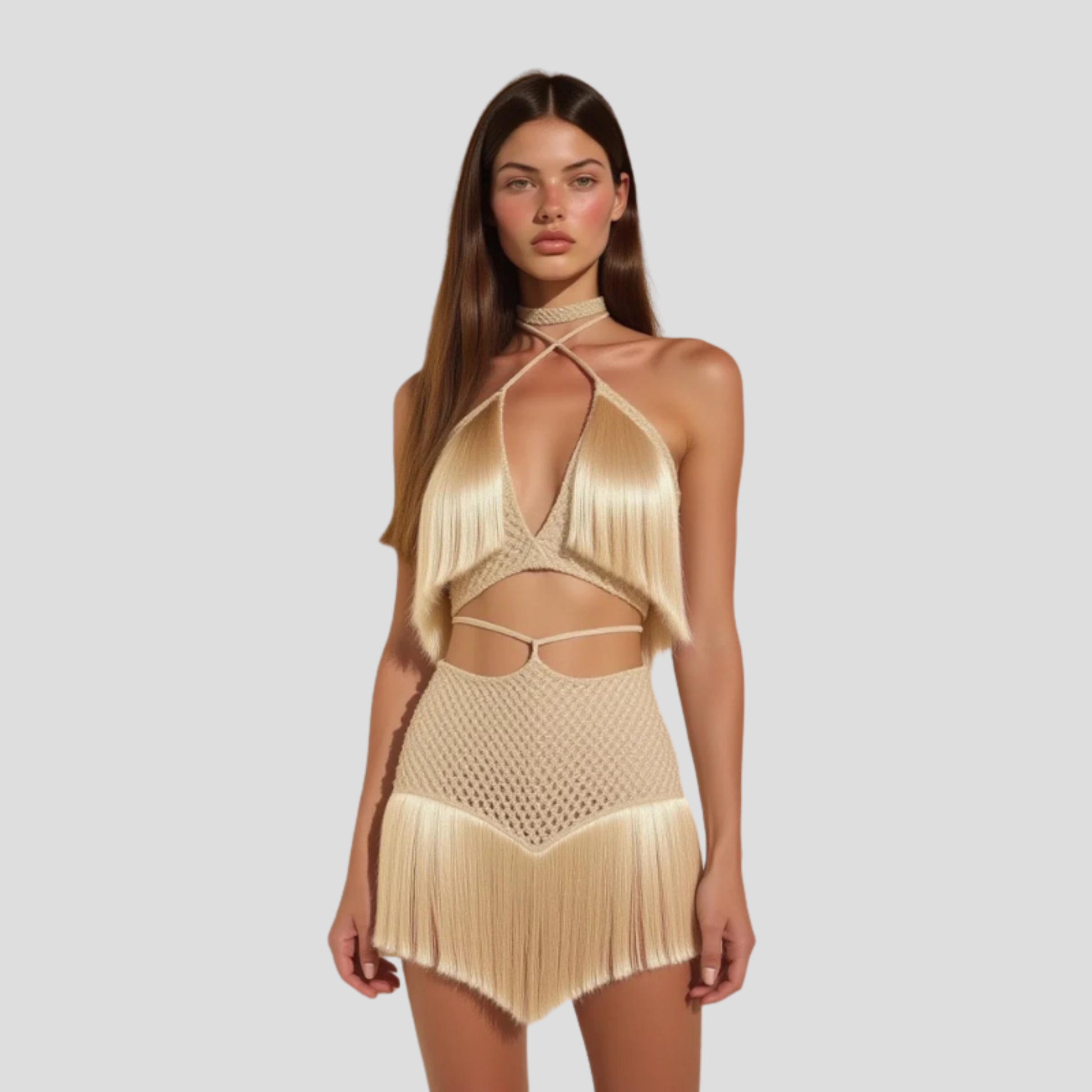 Women's gold crochet top and cascading fringe two-piece occasion set