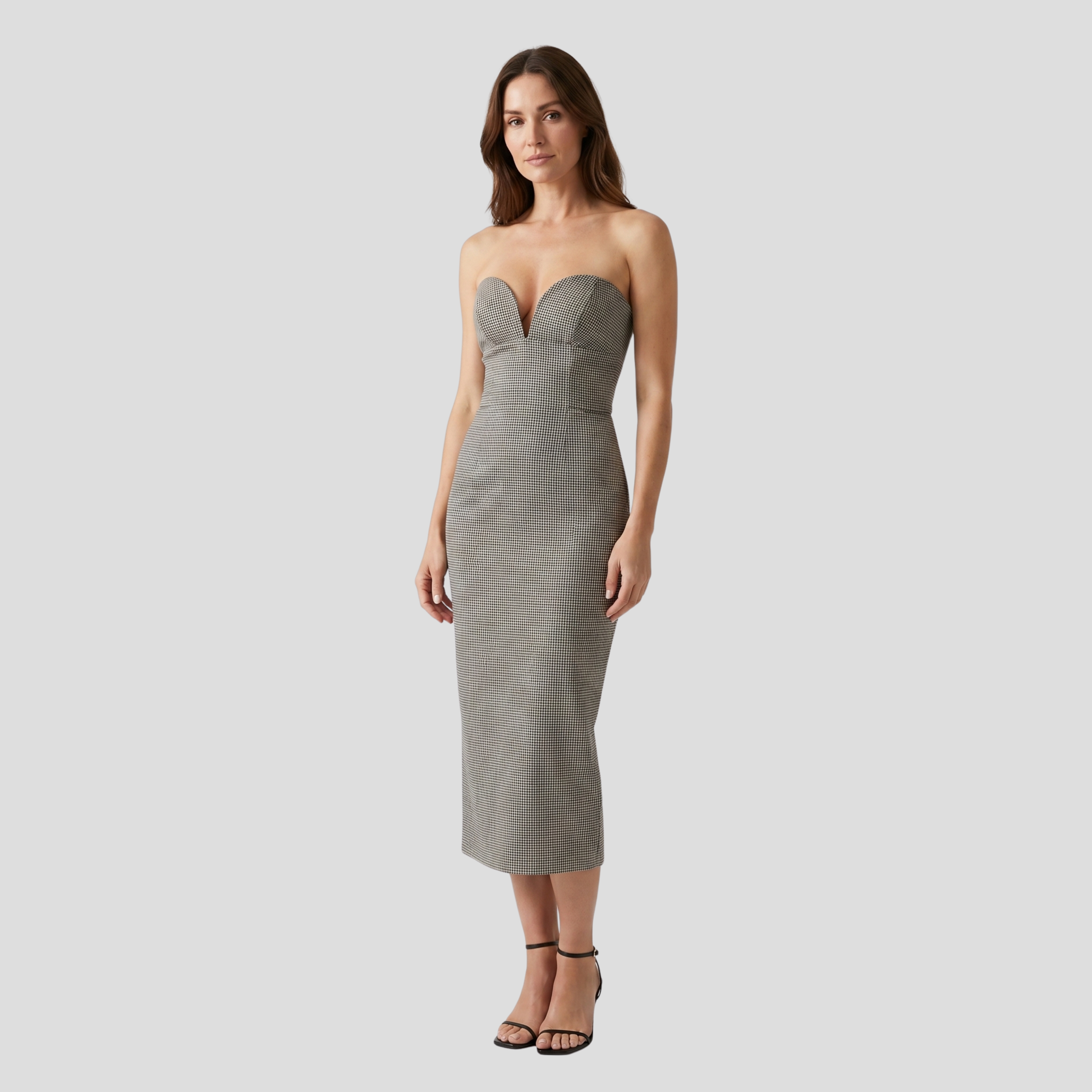 Brown strapless midi dress with sweetheart neckline for occasion wear