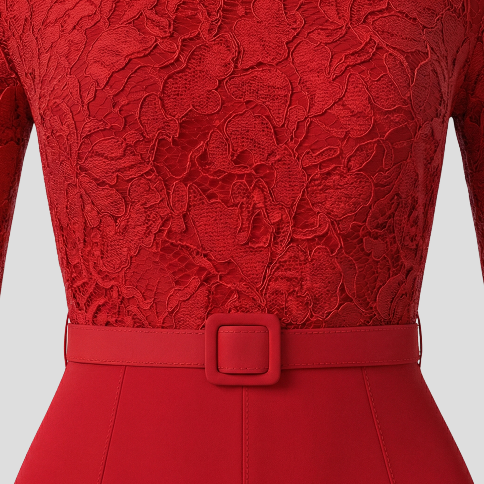 Red women's high-neck jumpsuit with belted waist and flared silhouette