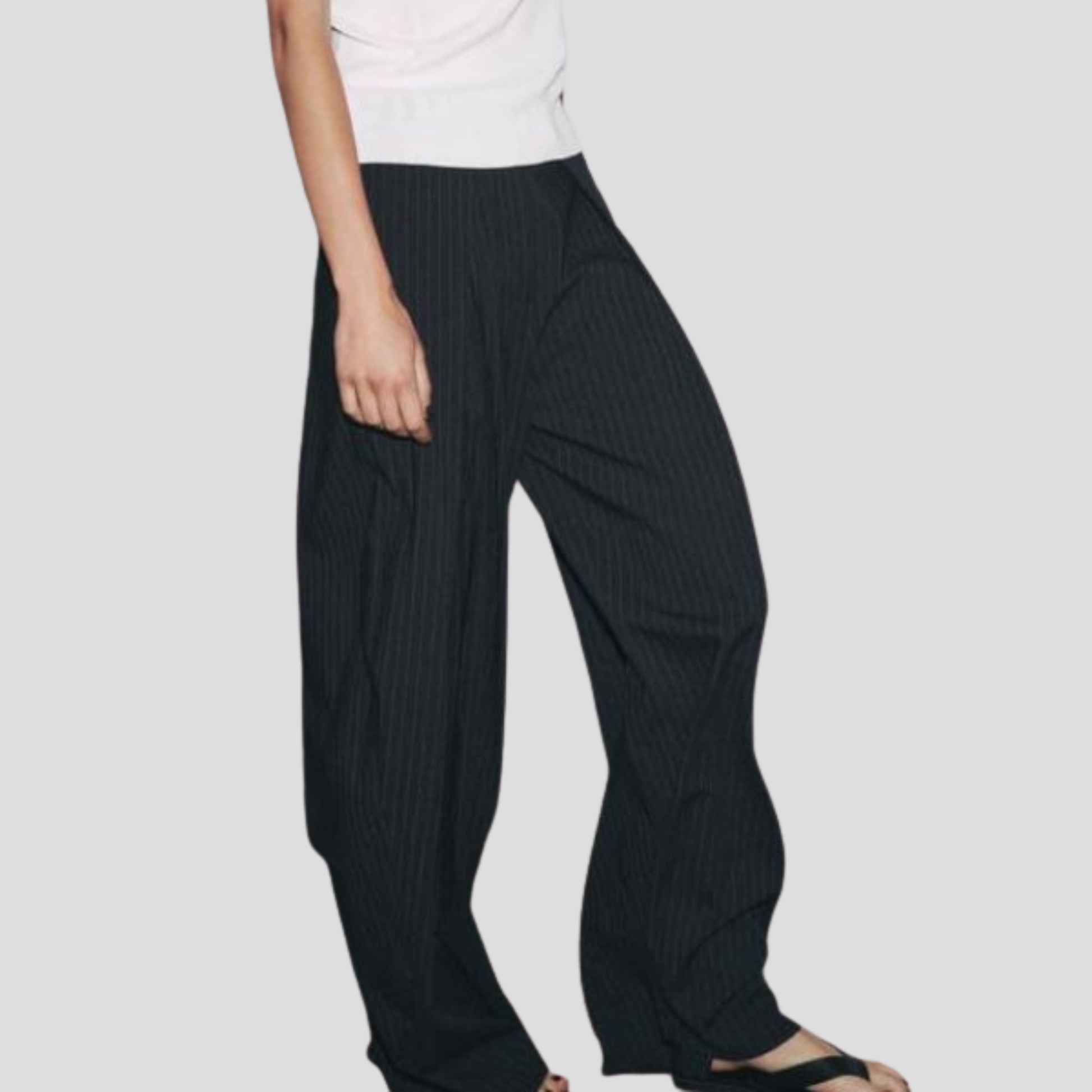 Women's black wide-leg trousers with vertical pinstripe pattern