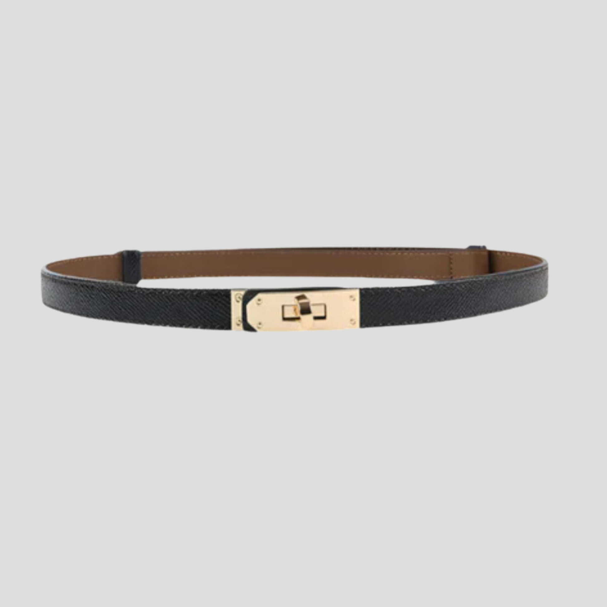 Women's straight-strap belt with a defined buckle, shown in neutral colors