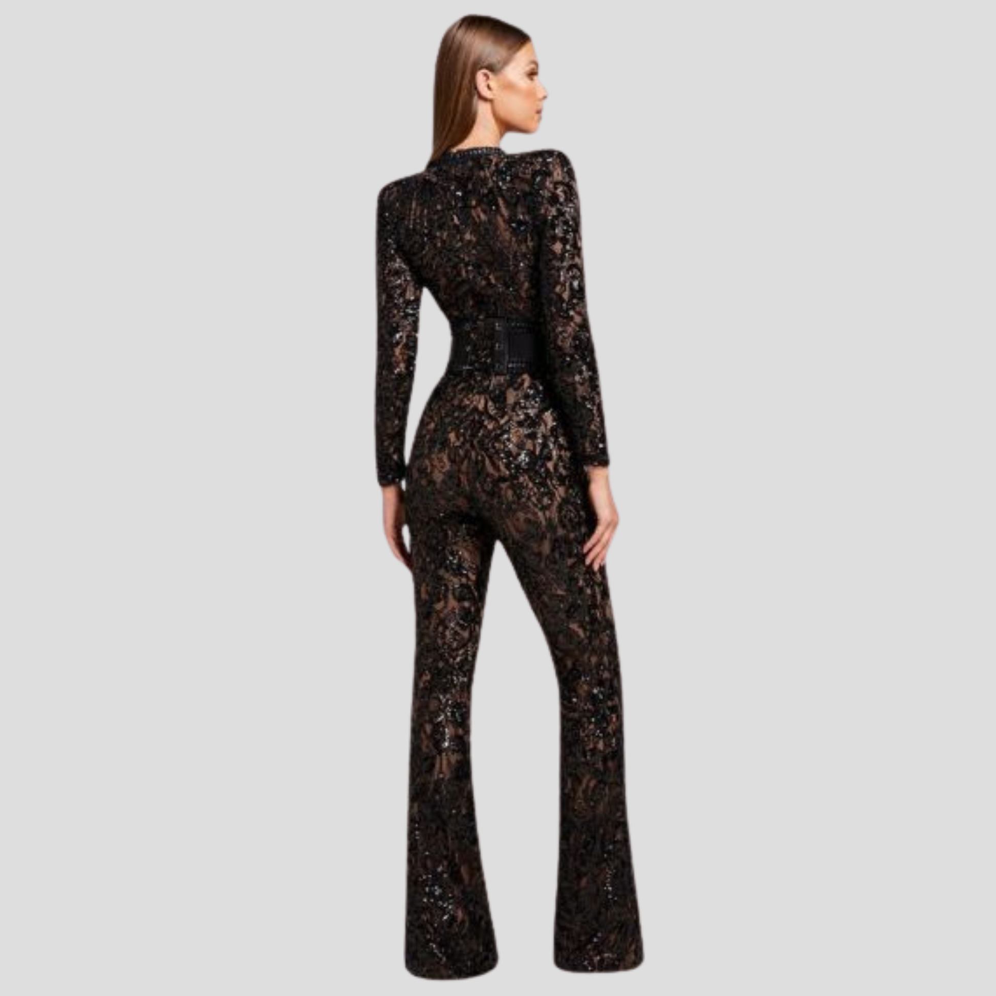 Women's jumpsuit with fitted bodice and flared leg silhouette in black and white