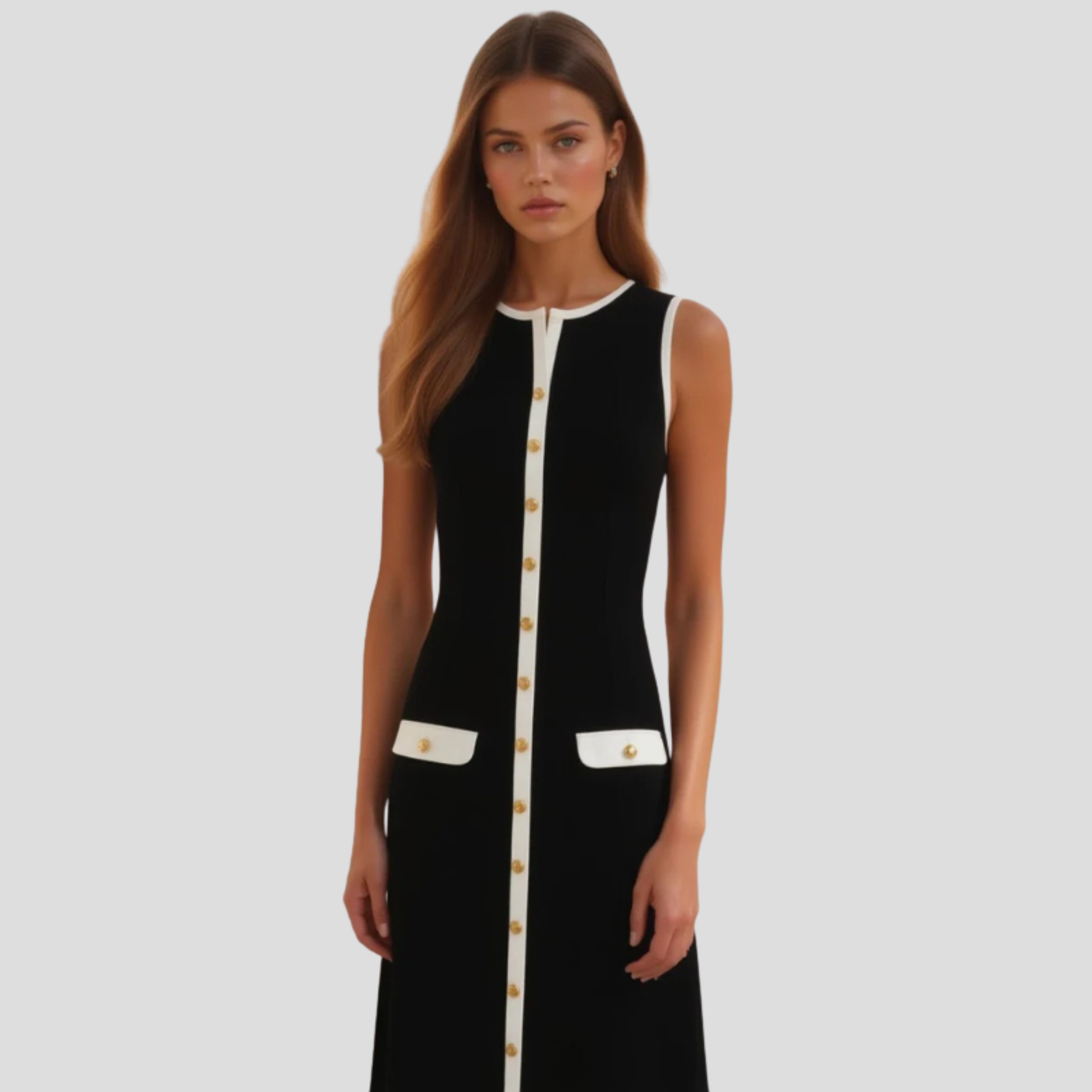 Black sleeveless midi dress with contrast trim detail for evening wear