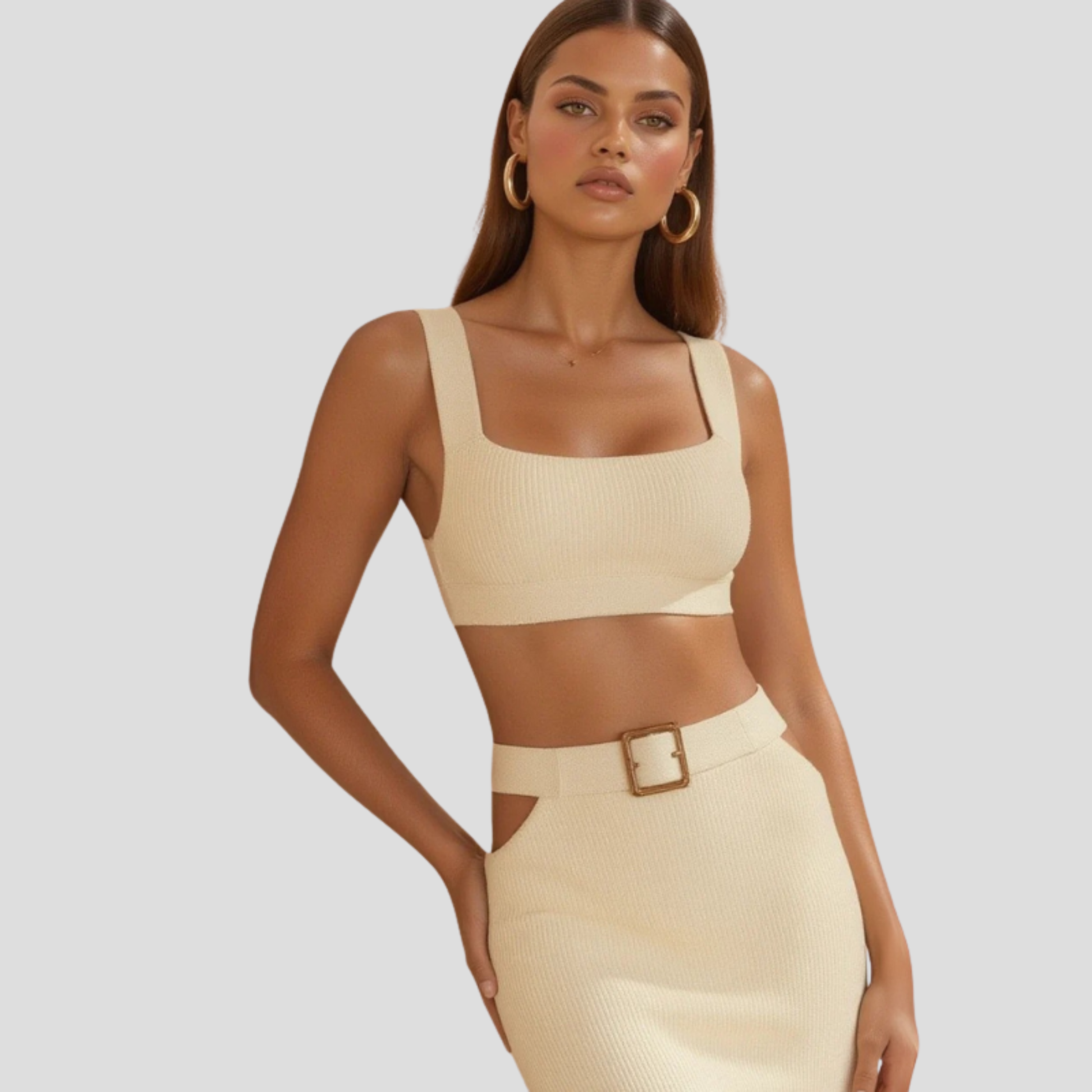 White women's two-piece set with wide-strap top and high-waist skirt for occasion wear