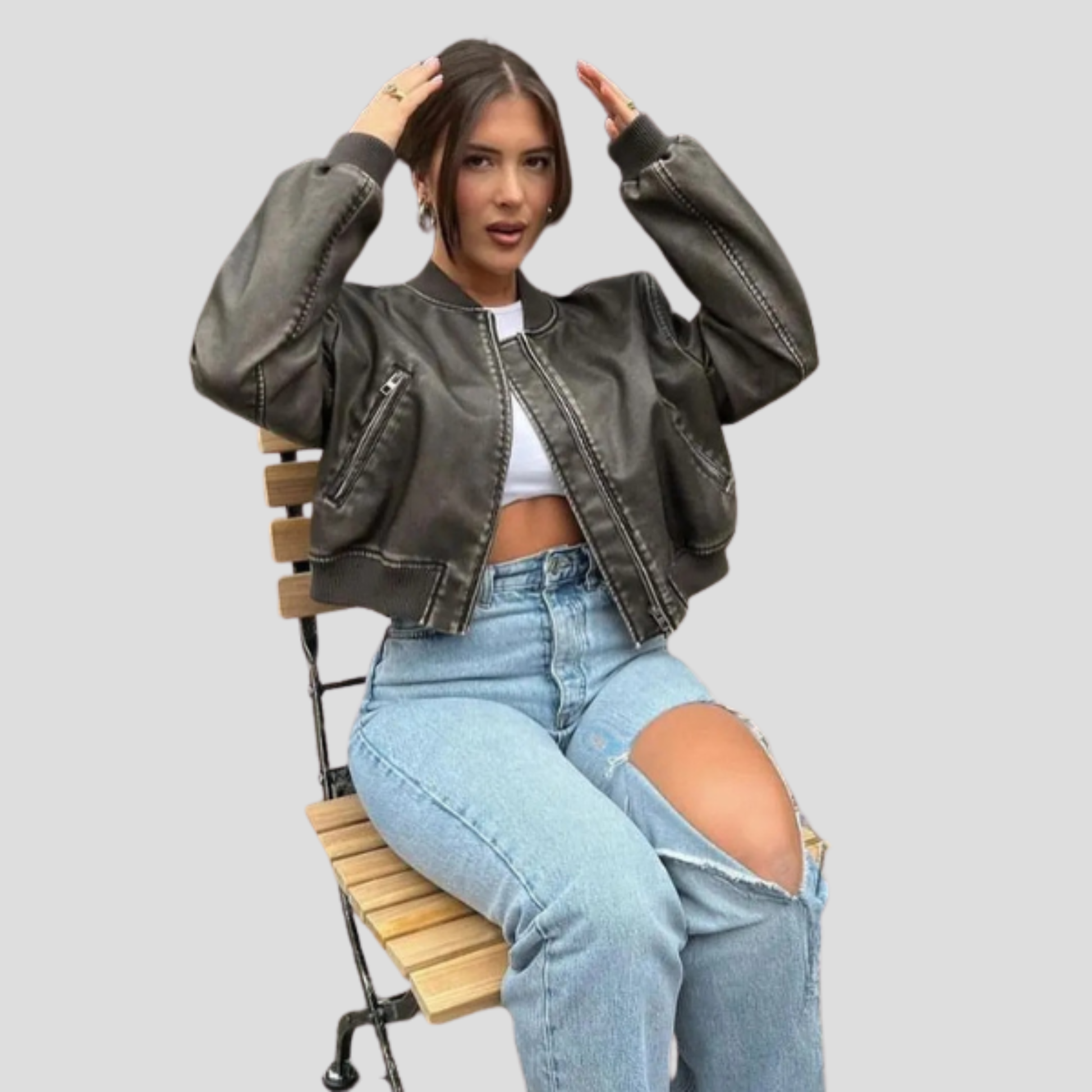 Brown women's jacket with ribbed cuffs and hem and a streamlined silhouette