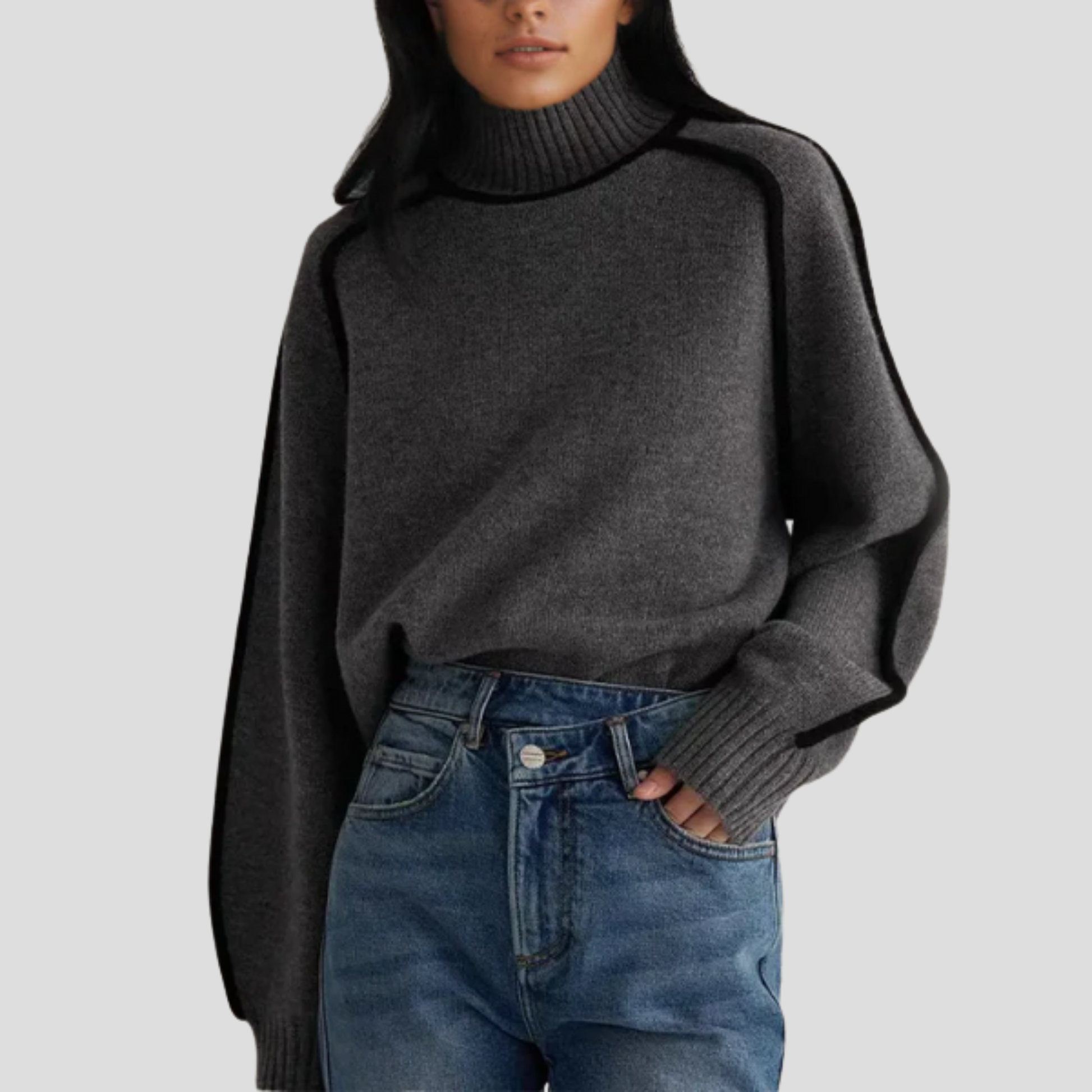 Women's high neck long sleeve sweater with a clean, structured silhouette