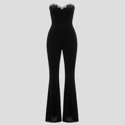 Black women's jumpsuit with sweetheart neckline and flared-leg silhouette