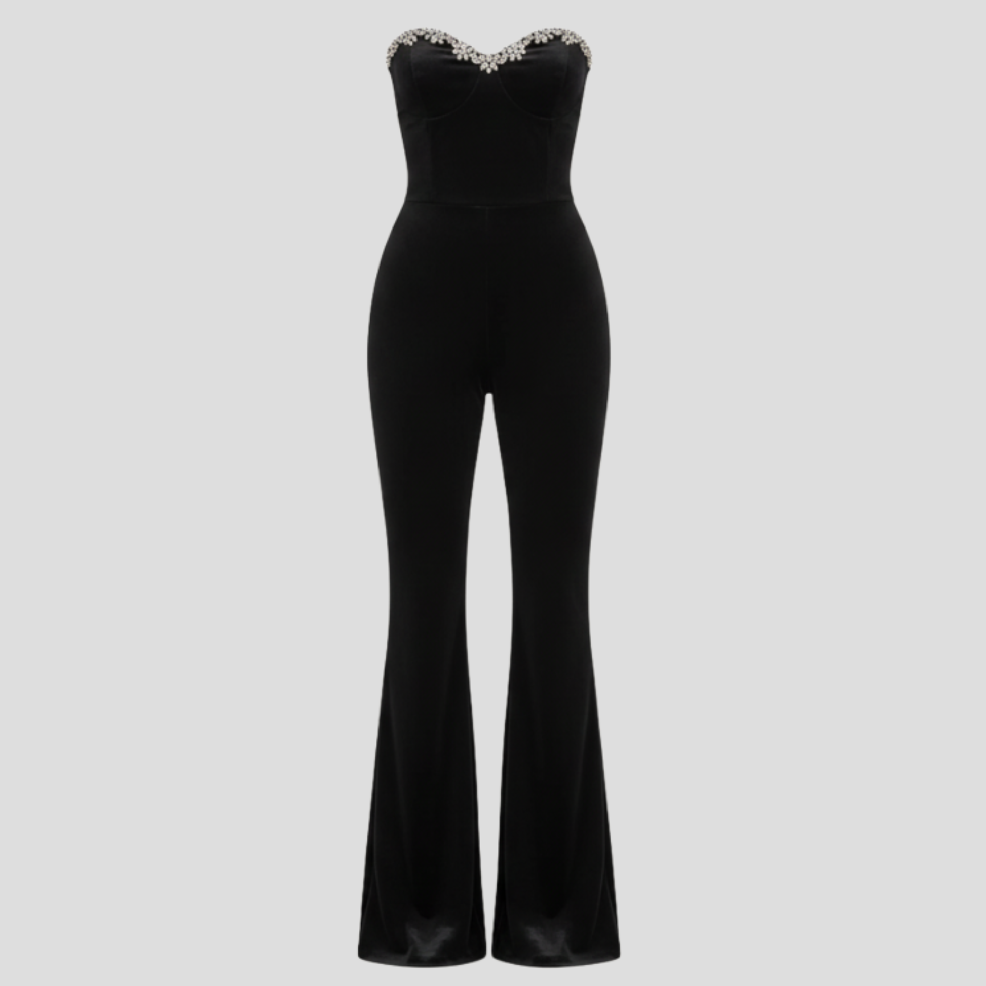 Black women's jumpsuit with sweetheart neckline and flared-leg silhouette