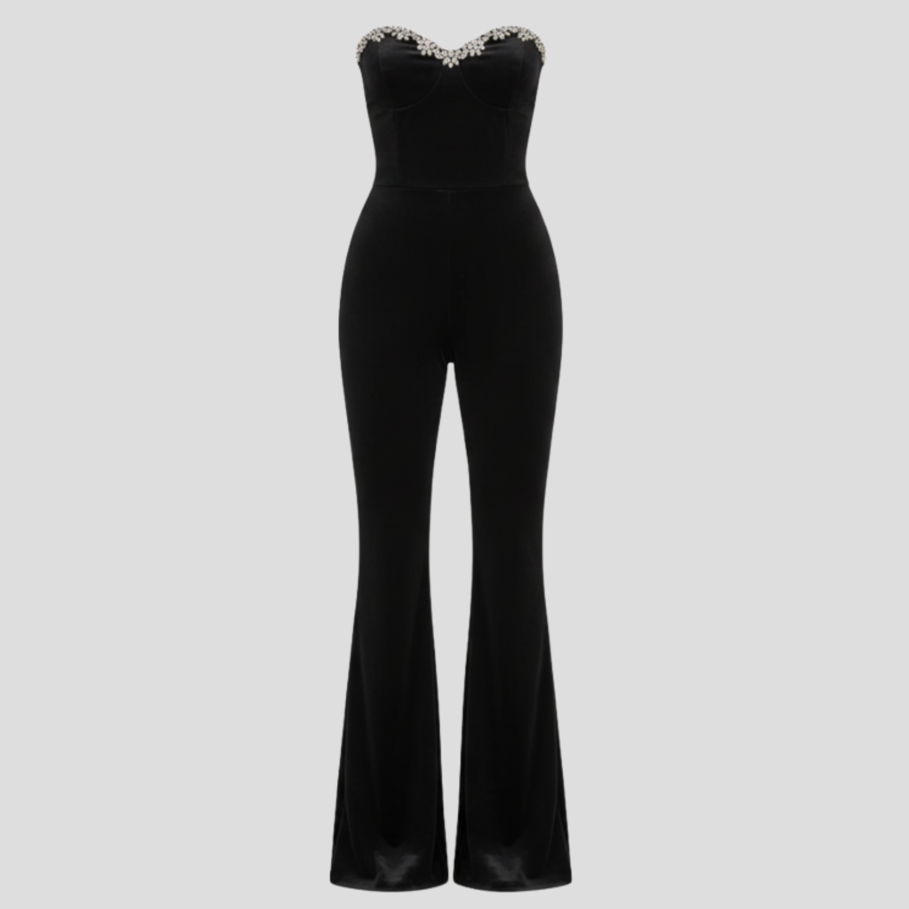 Black women's jumpsuit with sweetheart neckline and flared-leg silhouette