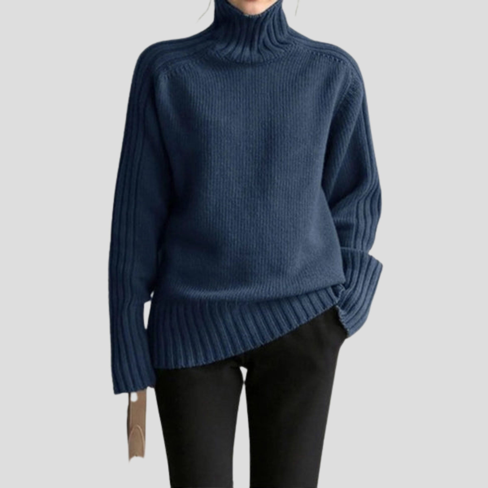 Navy blue ribbed high neck sweater with relaxed silhouette and extended cuffs