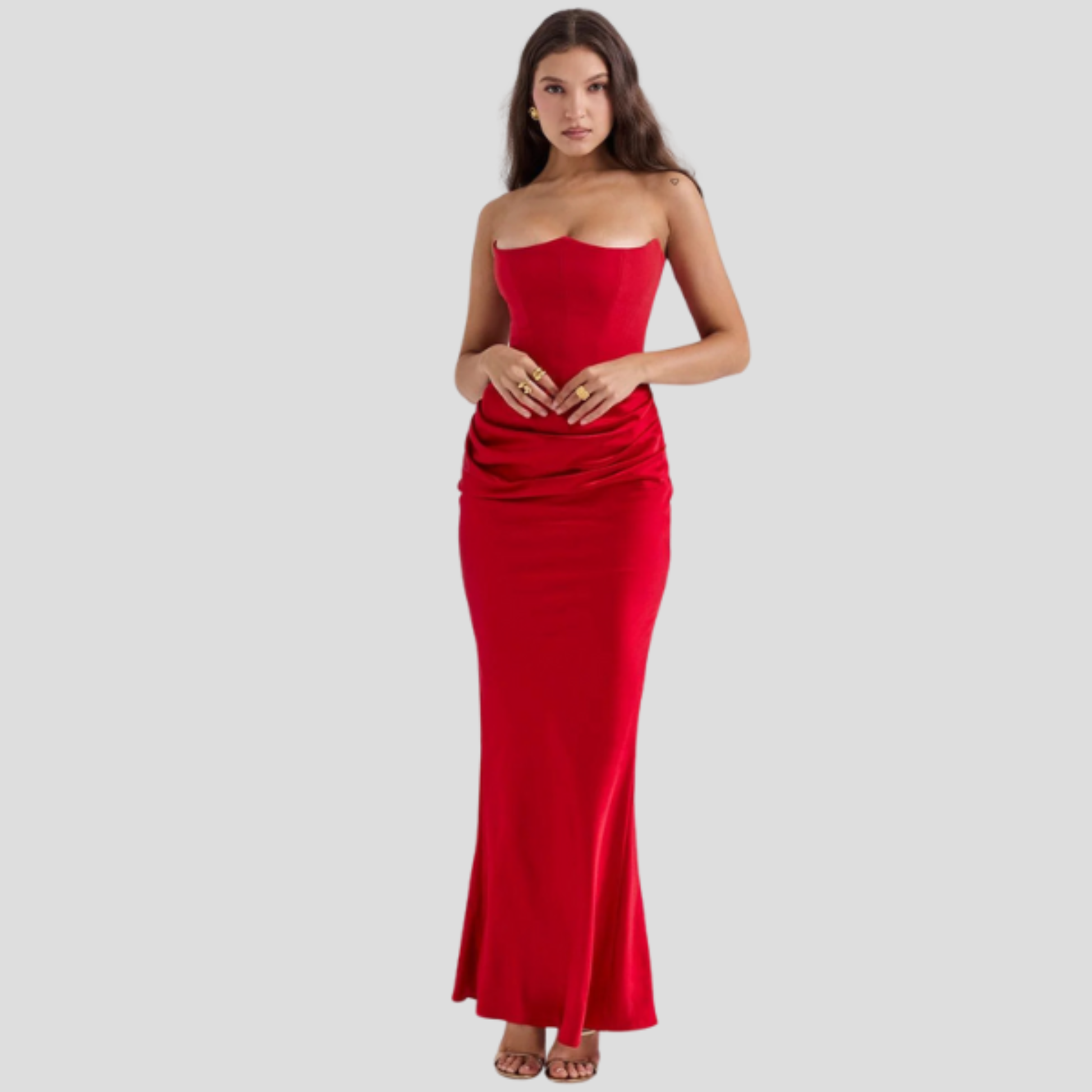 Strapless corset bodice maxi dress with draped waist in a full-length evening silhouette