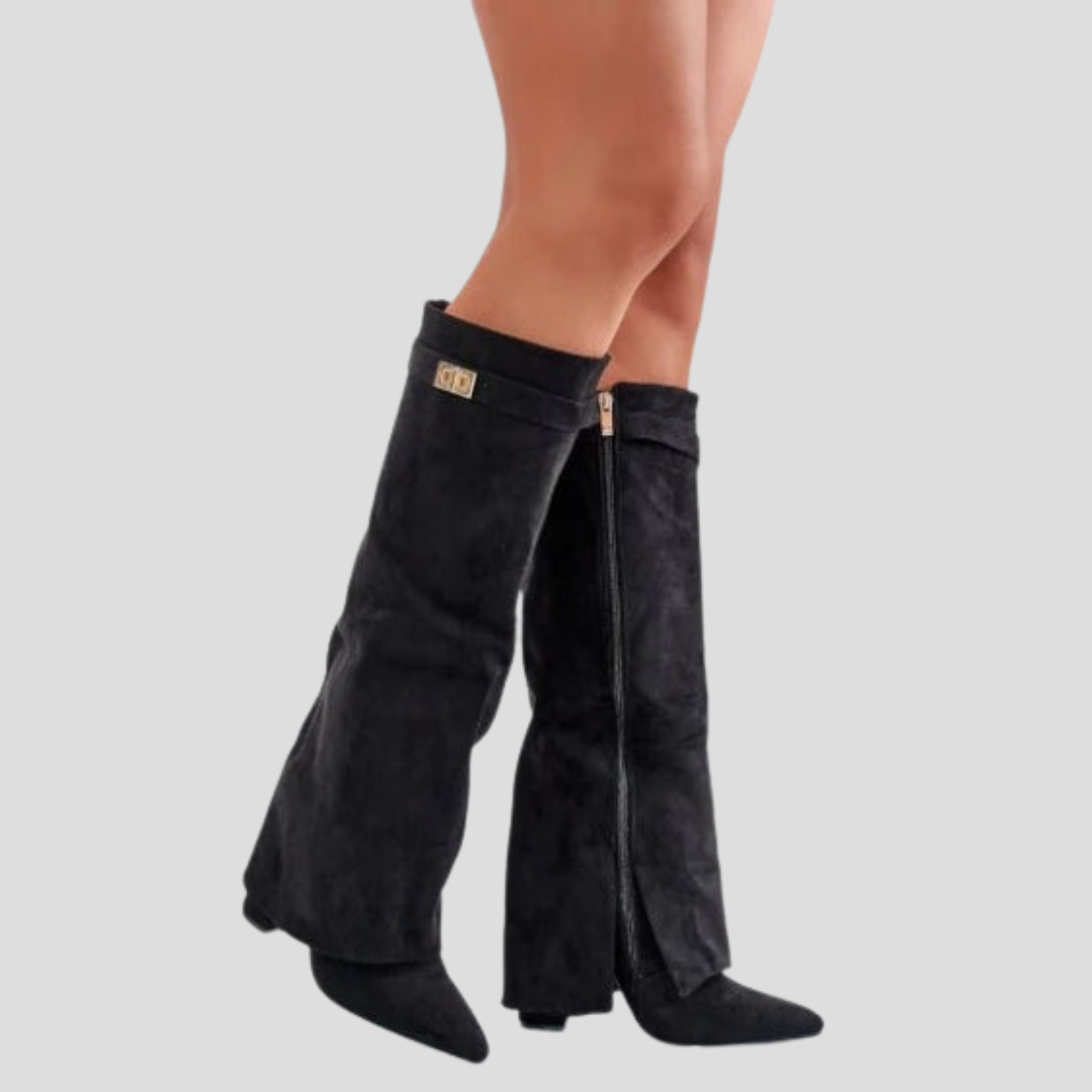 Women's knee-high boots with flared shaft in beige, black, and brown