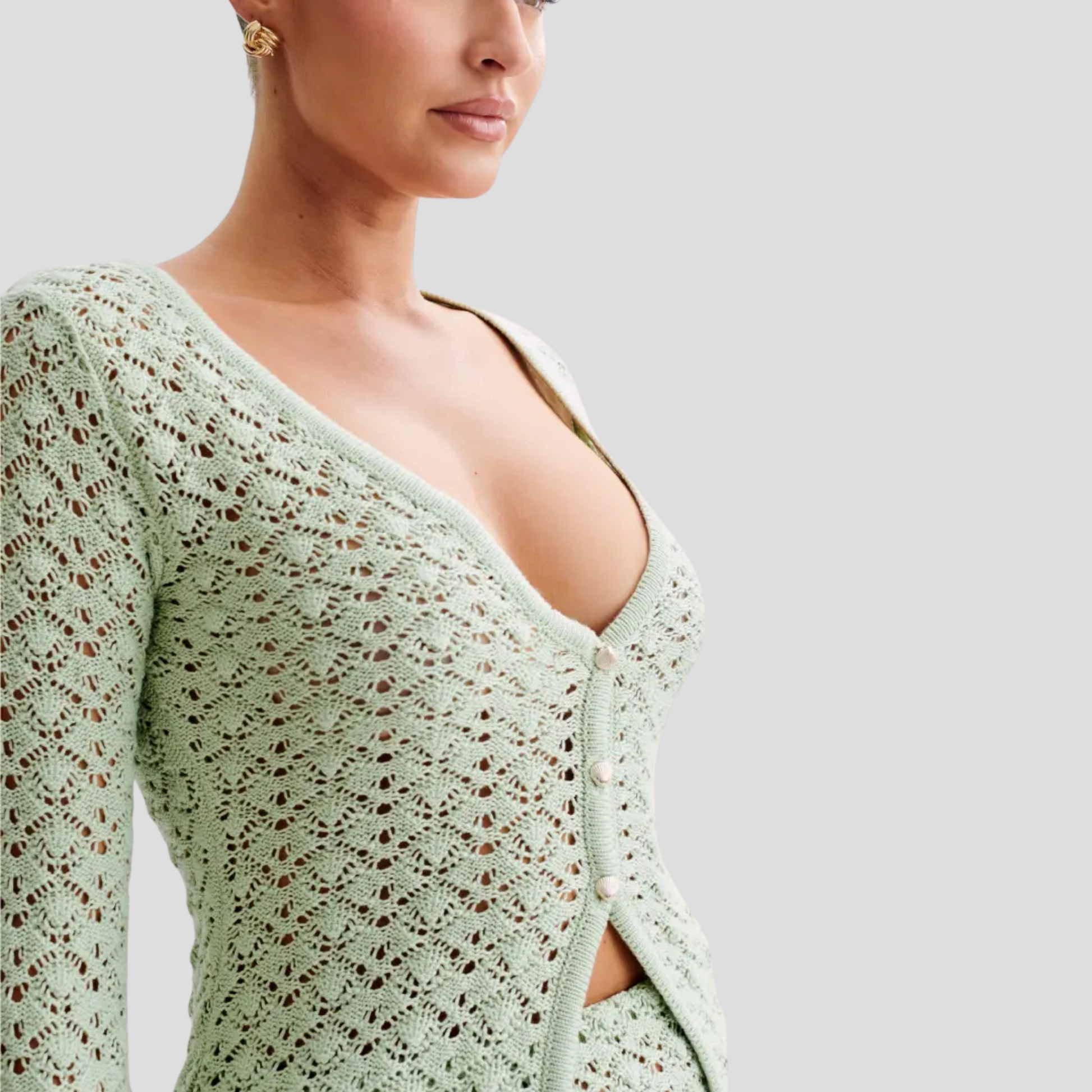 Amalfi V-neck knit top and coordinated front-split skirt set in green and white