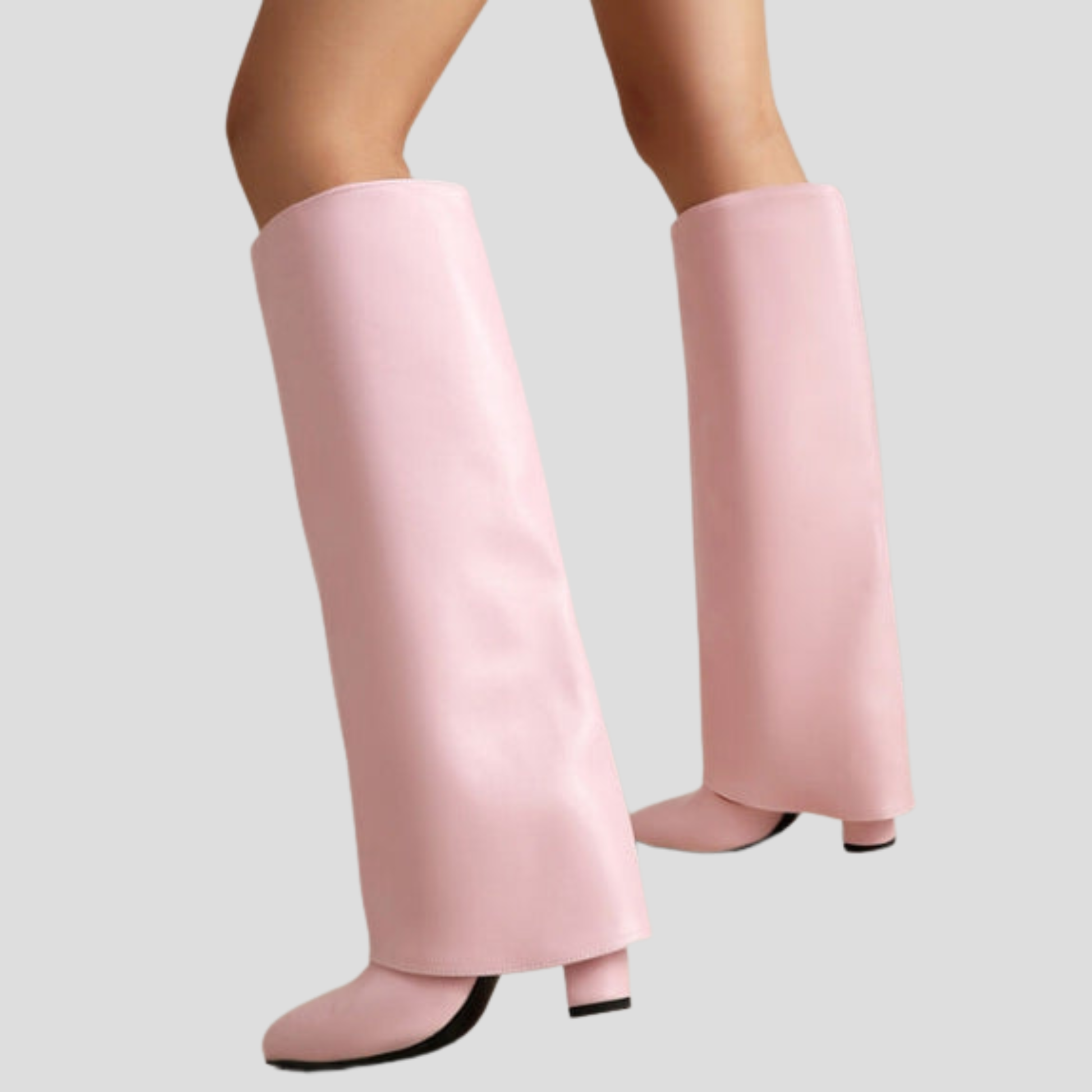 Sculpted knee-high boots with square heel, shown in black, pink and white
