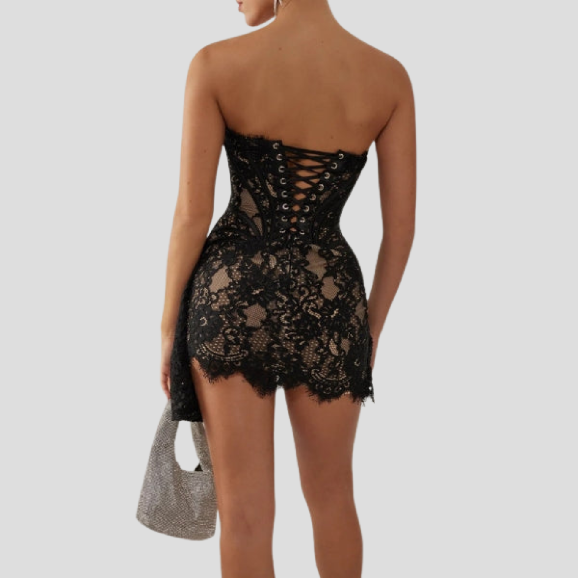 Strapless corset mini dress with boned bodice and asymmetrical lace detail