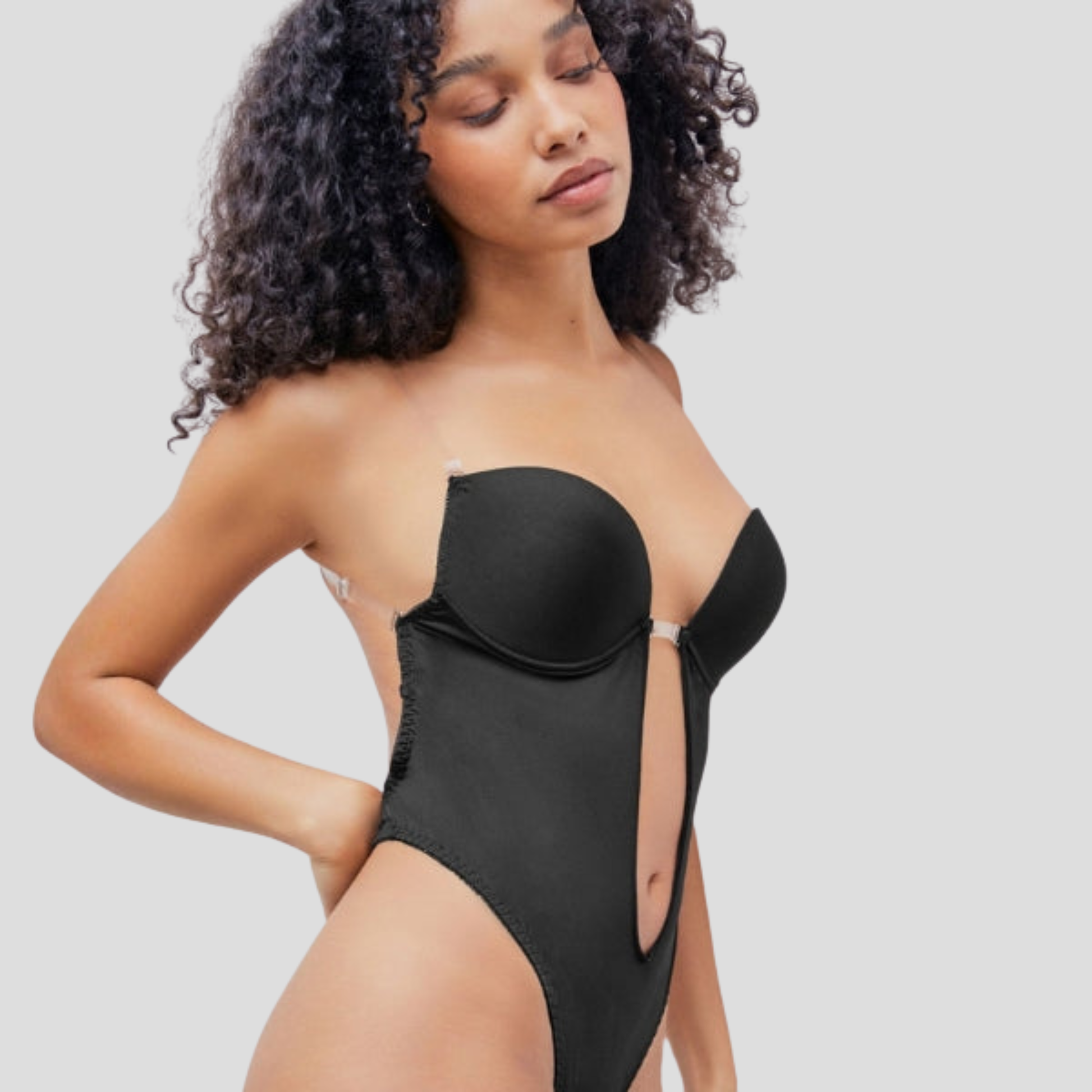 Women's plunge front underwire bodysuit in black with a structured, streamlined silhouette