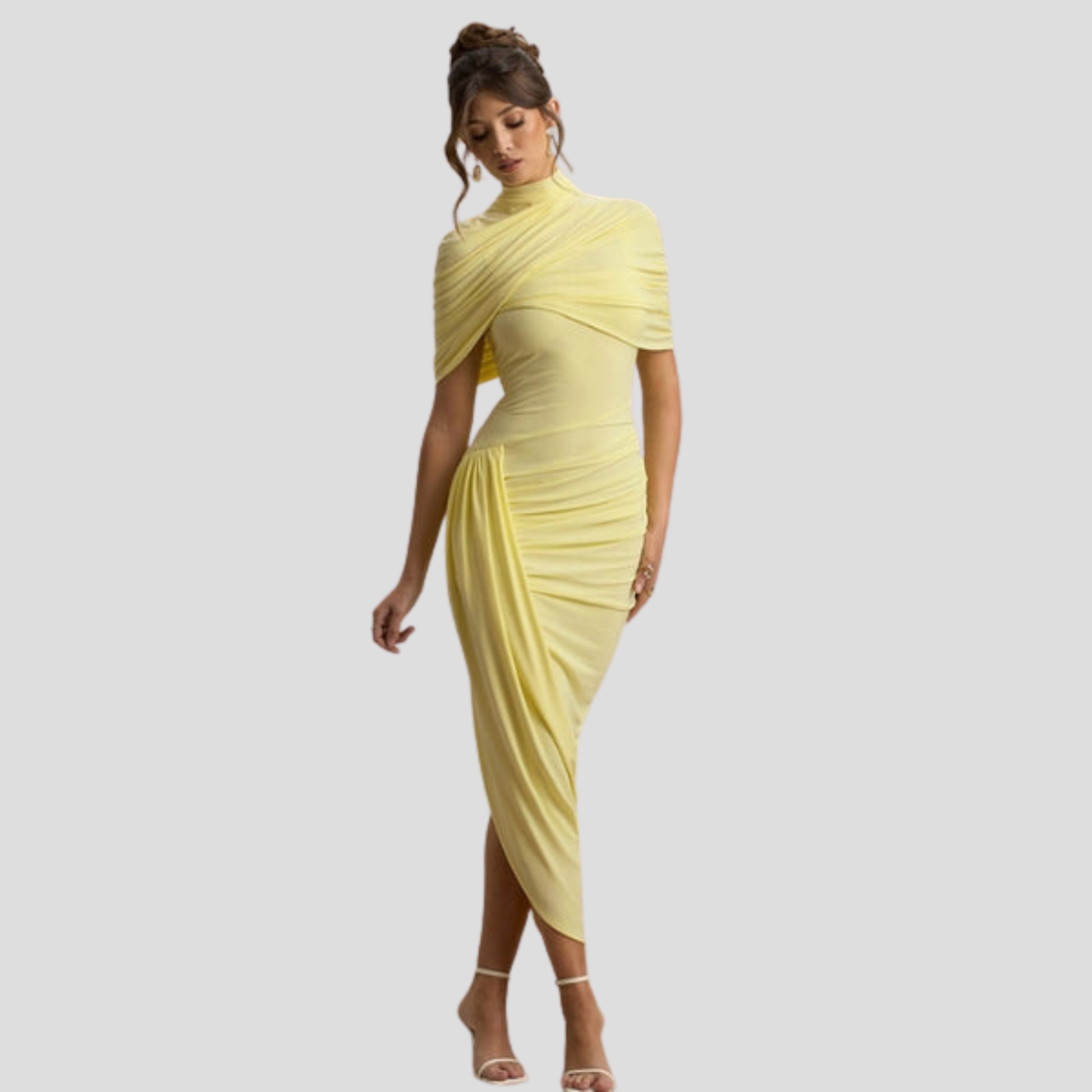 Women's high-neck maxi dress with cape overlay and asymmetrical hem for evening wear