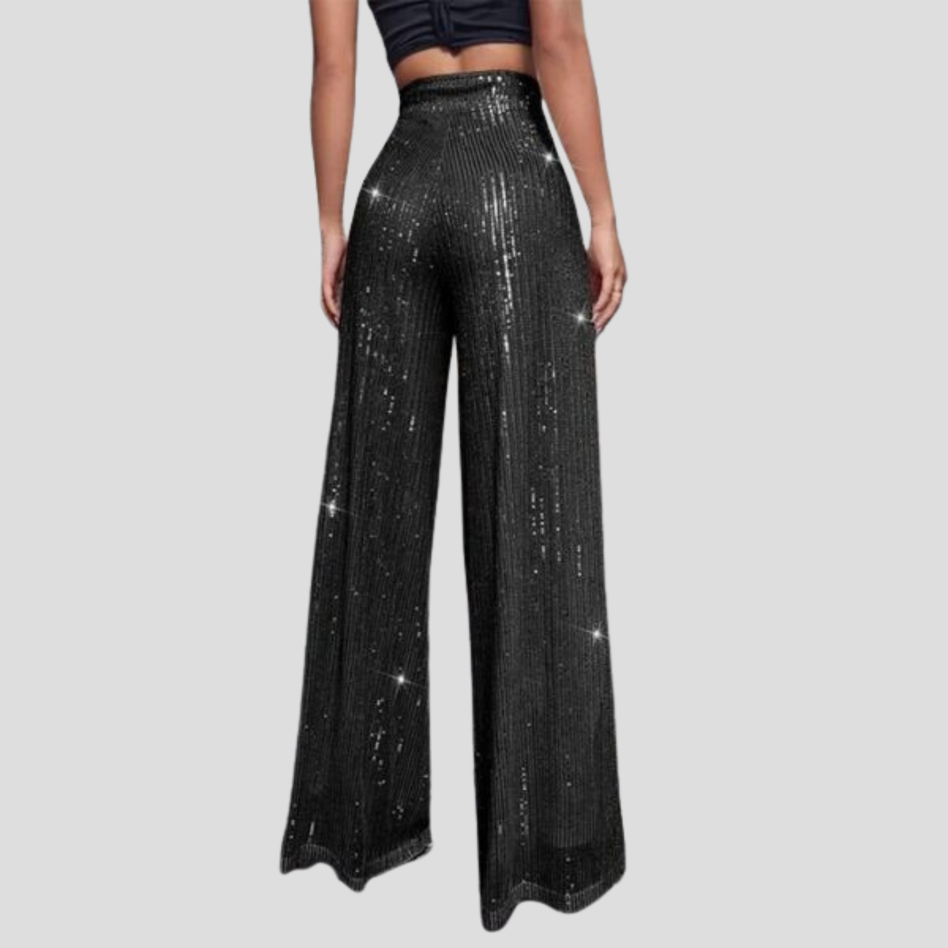 Women's high-waist wide-leg sequin pants in black with shimmering surface detail