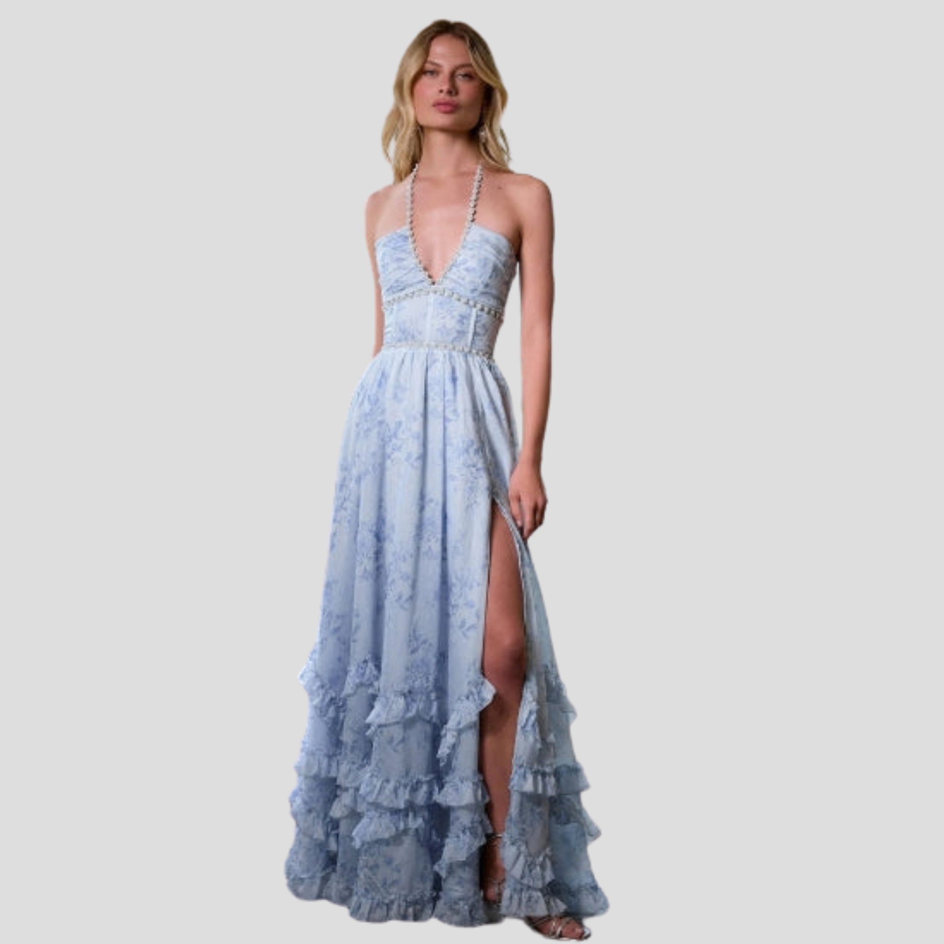 Blue maxi dress with corset bodice and ruffled hem for evening wear