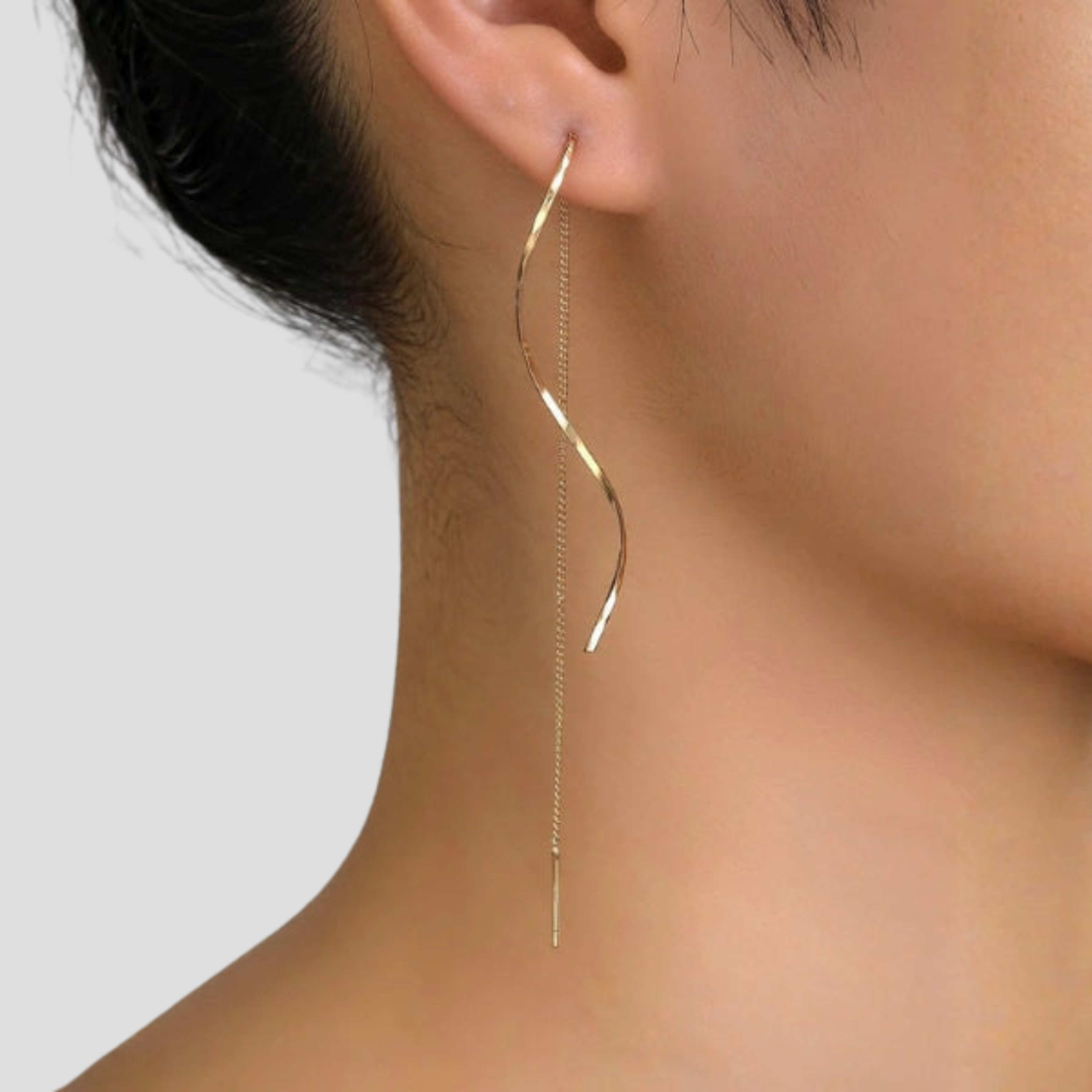 Gold-tone threader chain drop earrings with sculpted wave bar detail