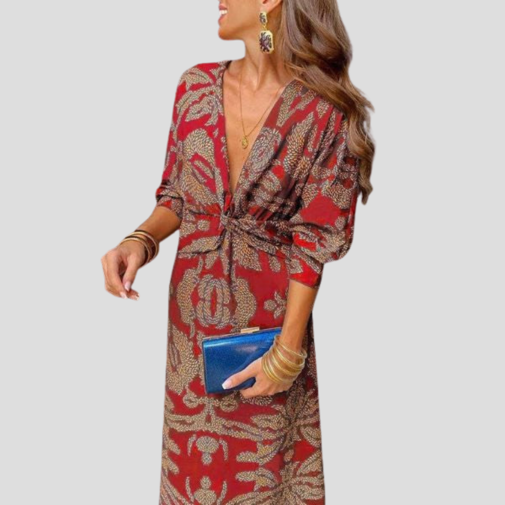 Women's flowing midi dress with defined waist shown in blue, green, red and purple