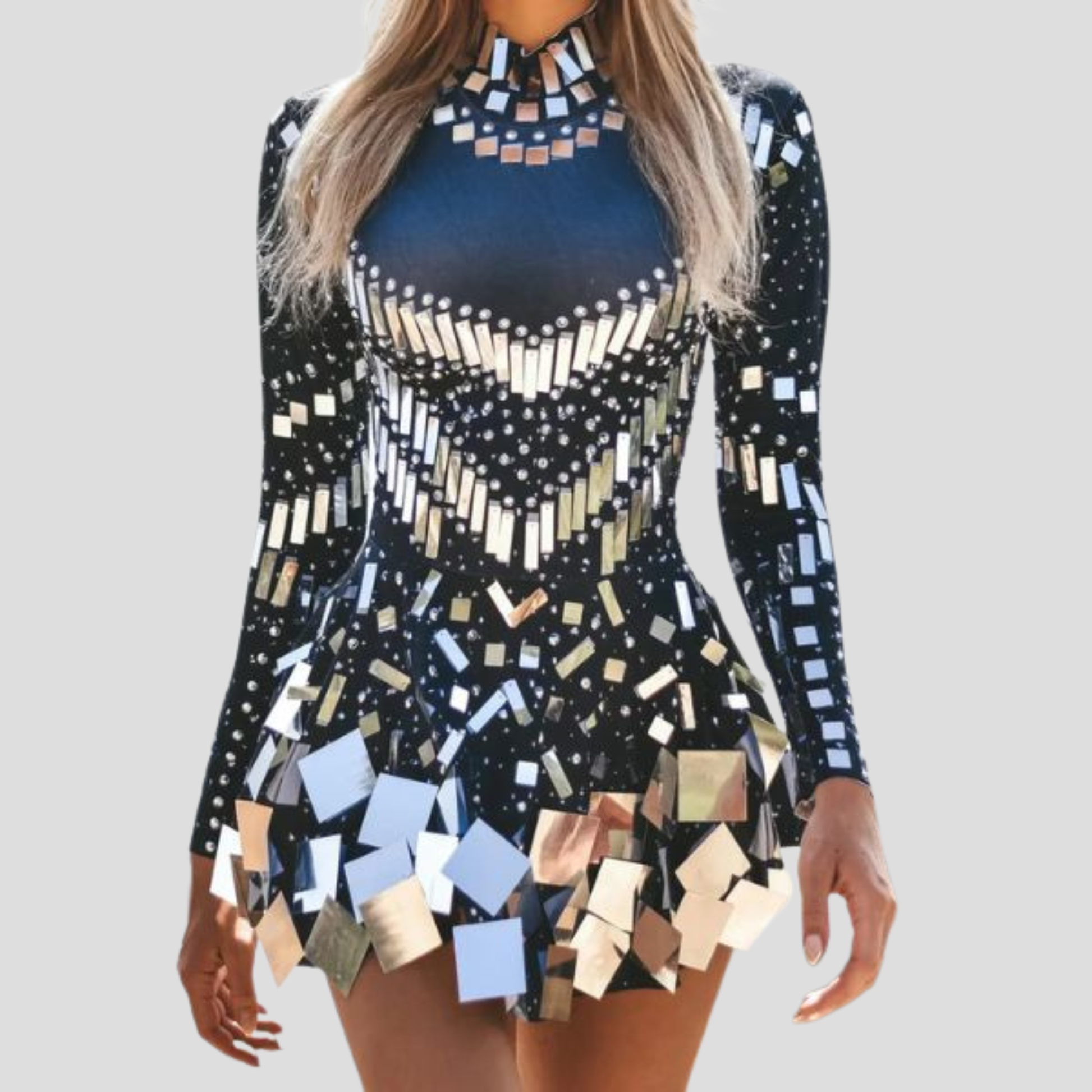 Women's long sleeve fitted sequin evening dress in gold and black