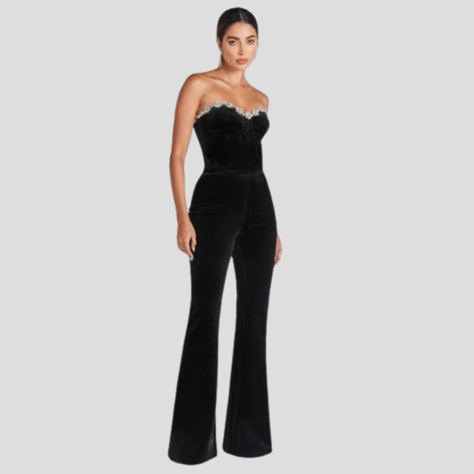 Black women's jumpsuit with sweetheart neckline and flared-leg silhouette