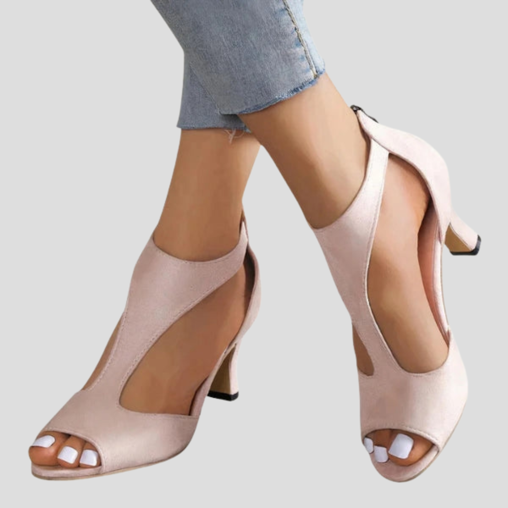 Women's sculpted cutout high-heel sandals with streamlined ankle strap in black and pink