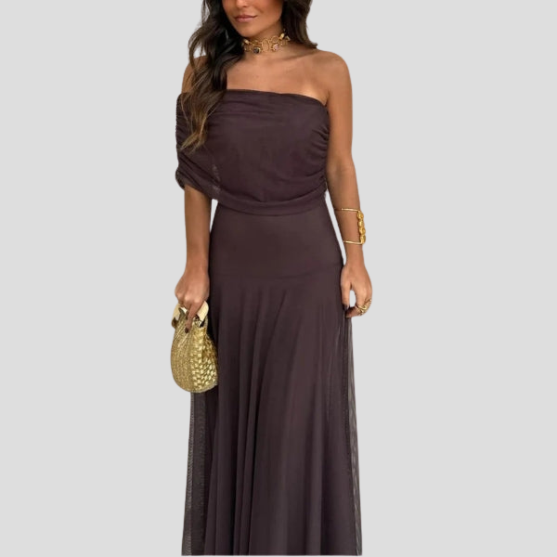 Brown off-shoulder maxi dress with sheer overlay and floor-length silhouette for evening wear