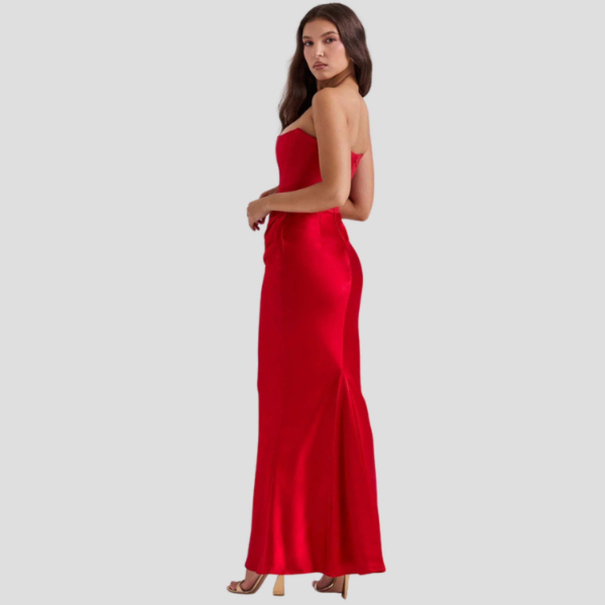 Strapless corset bodice maxi dress with draped waist in a full-length evening silhouette