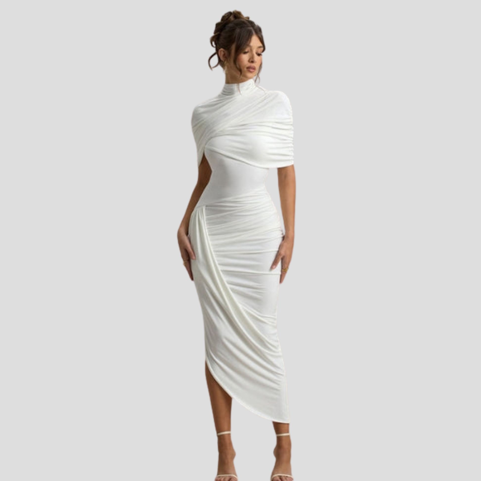 Women's high-neck maxi dress with cape overlay and asymmetrical hem for evening wear
