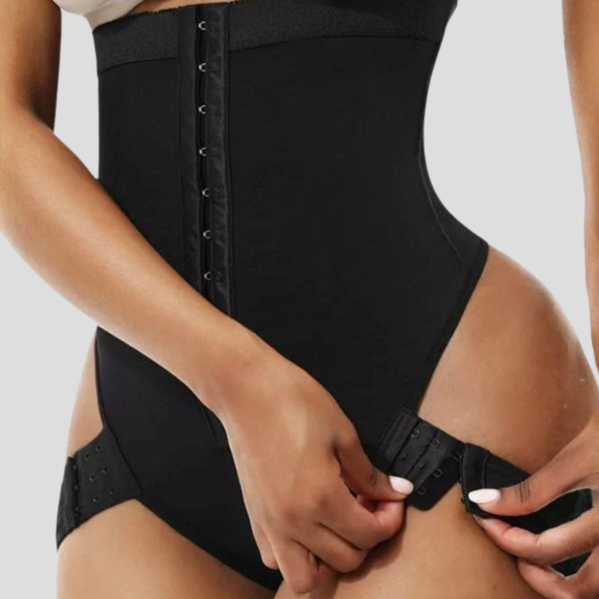 High-waist women's shaping brief with hook-front closure in black and beige
