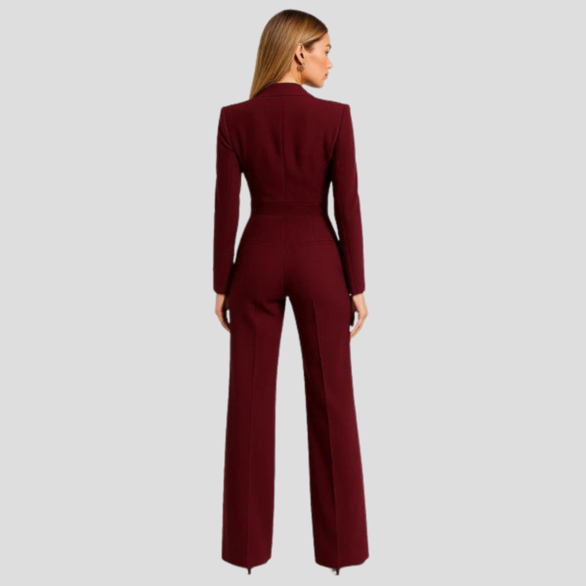 Women's V-neck wide-leg jumpsuit shown in red, white, and green
