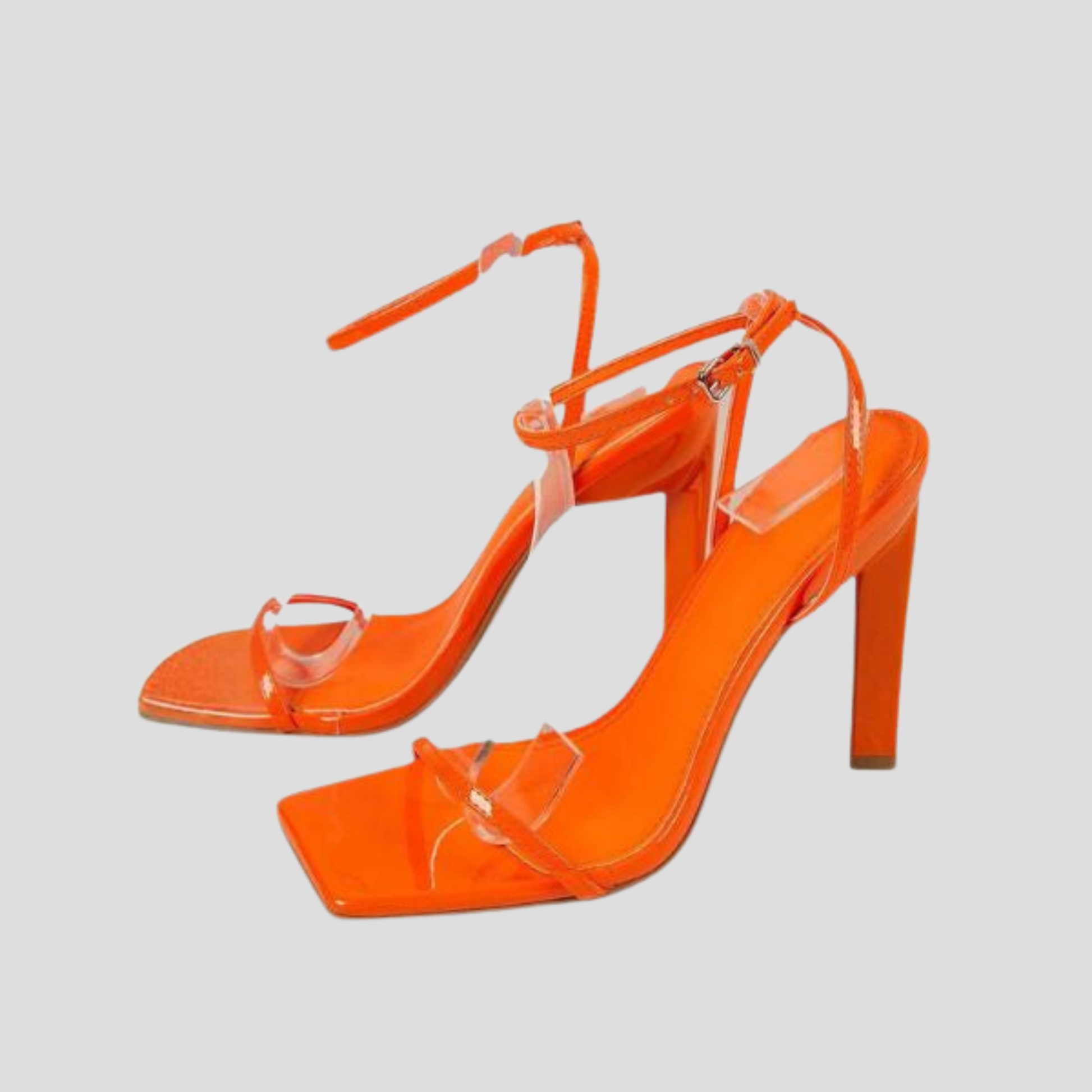 Women's square toe strappy block heel sandals in black, orange, and beige