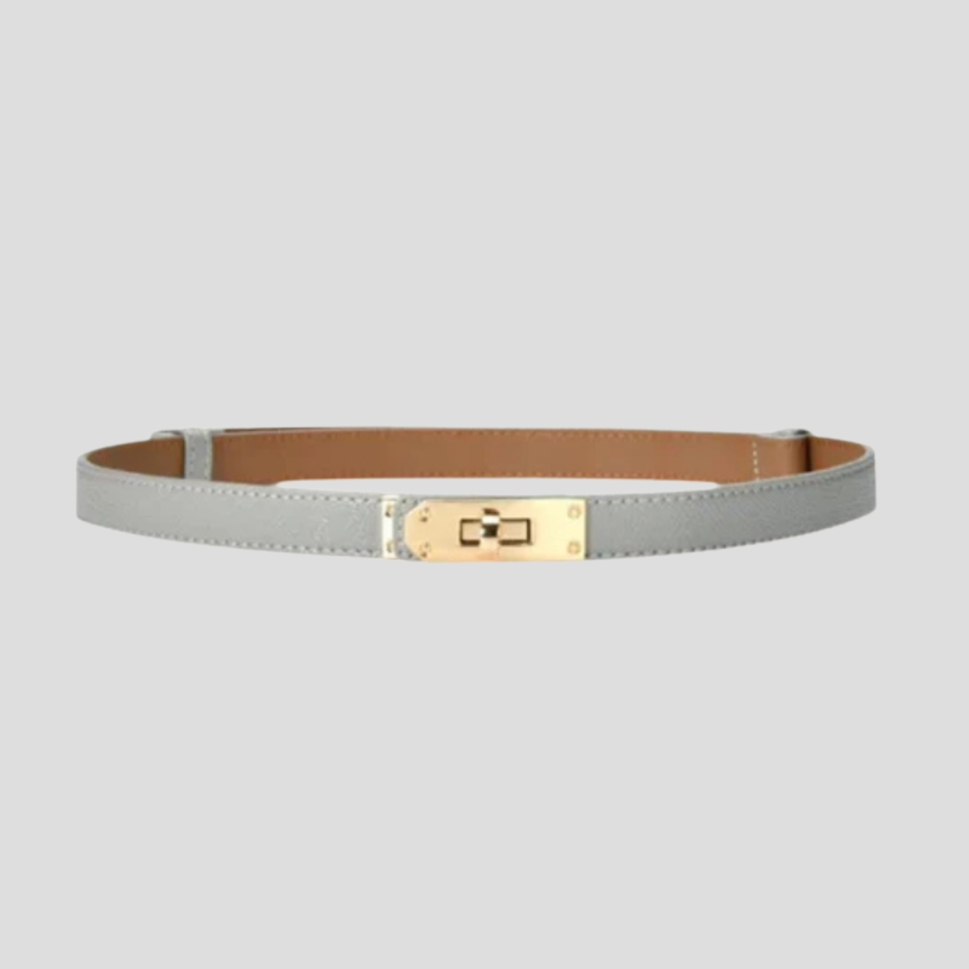 Women's straight-strap belt with a defined buckle, shown in neutral colors