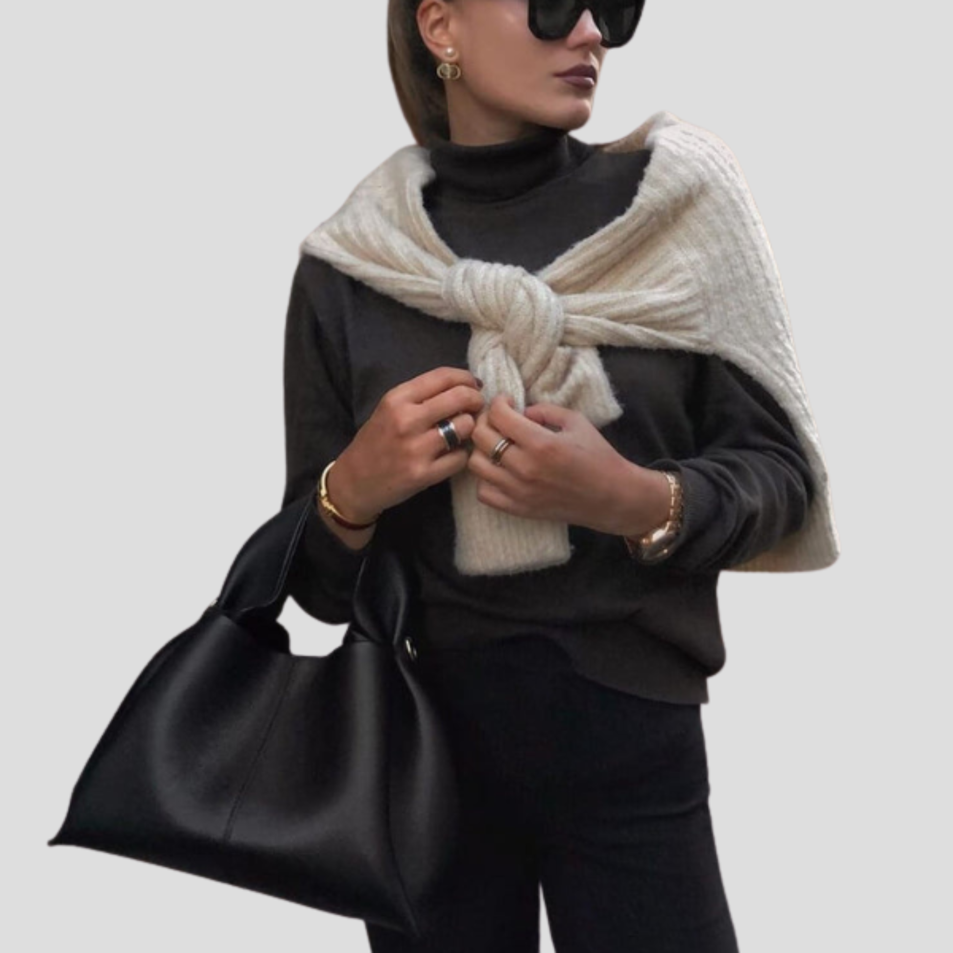 Structured tote bag with top handle, shown in black, beige, brown, and white