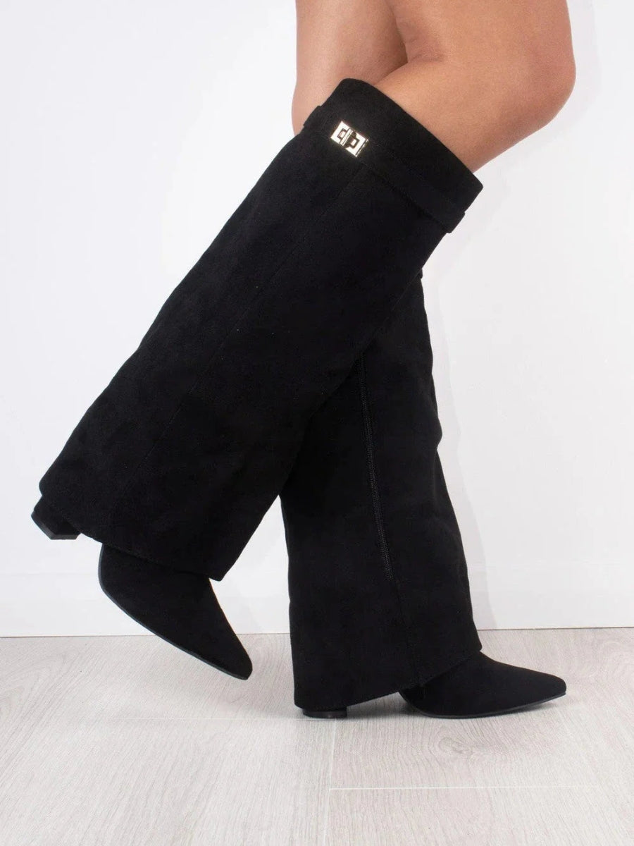 Elegant women's suede and leather boots with subtle golden accents
