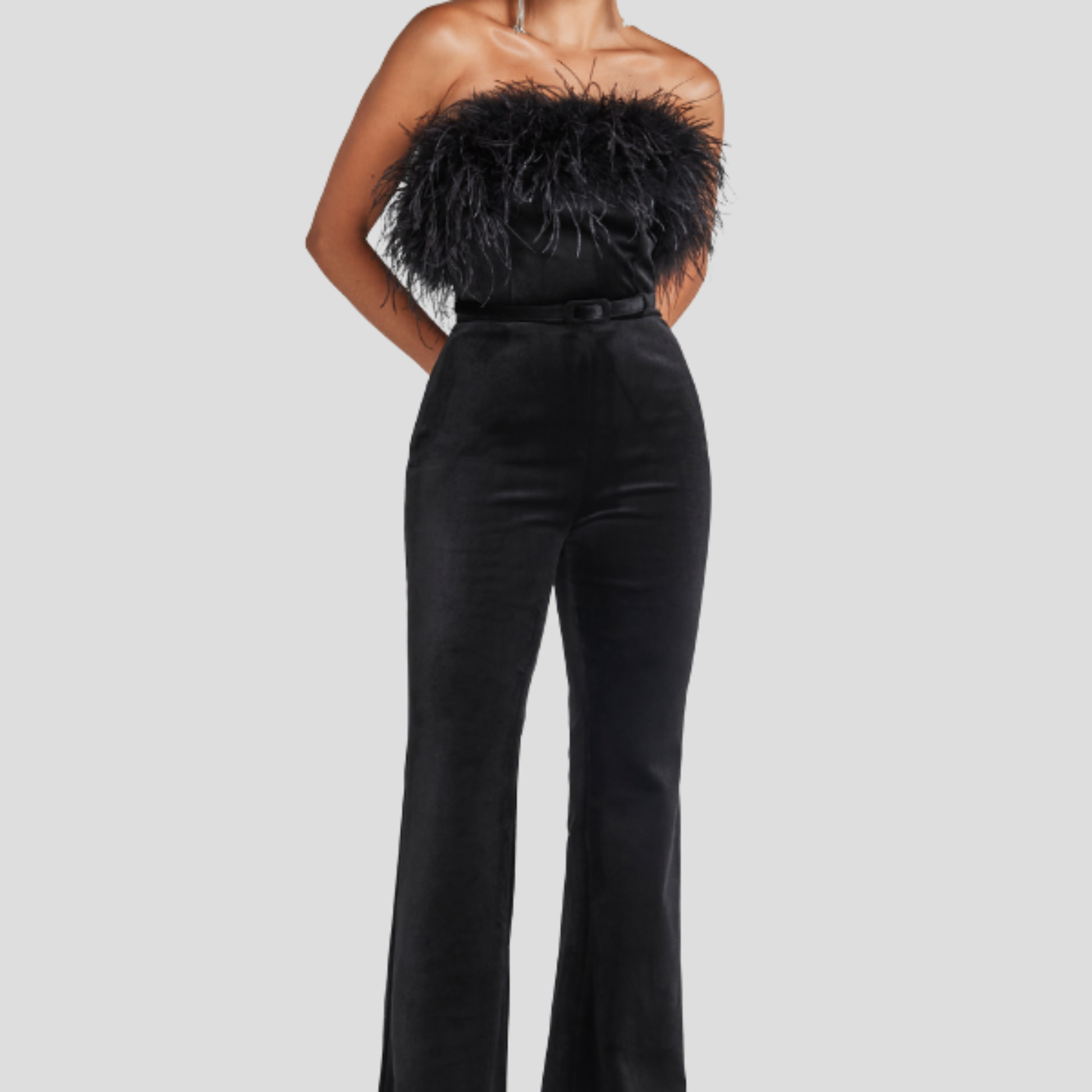 Women's strapless jumpsuit with feather-trim detail in white and black