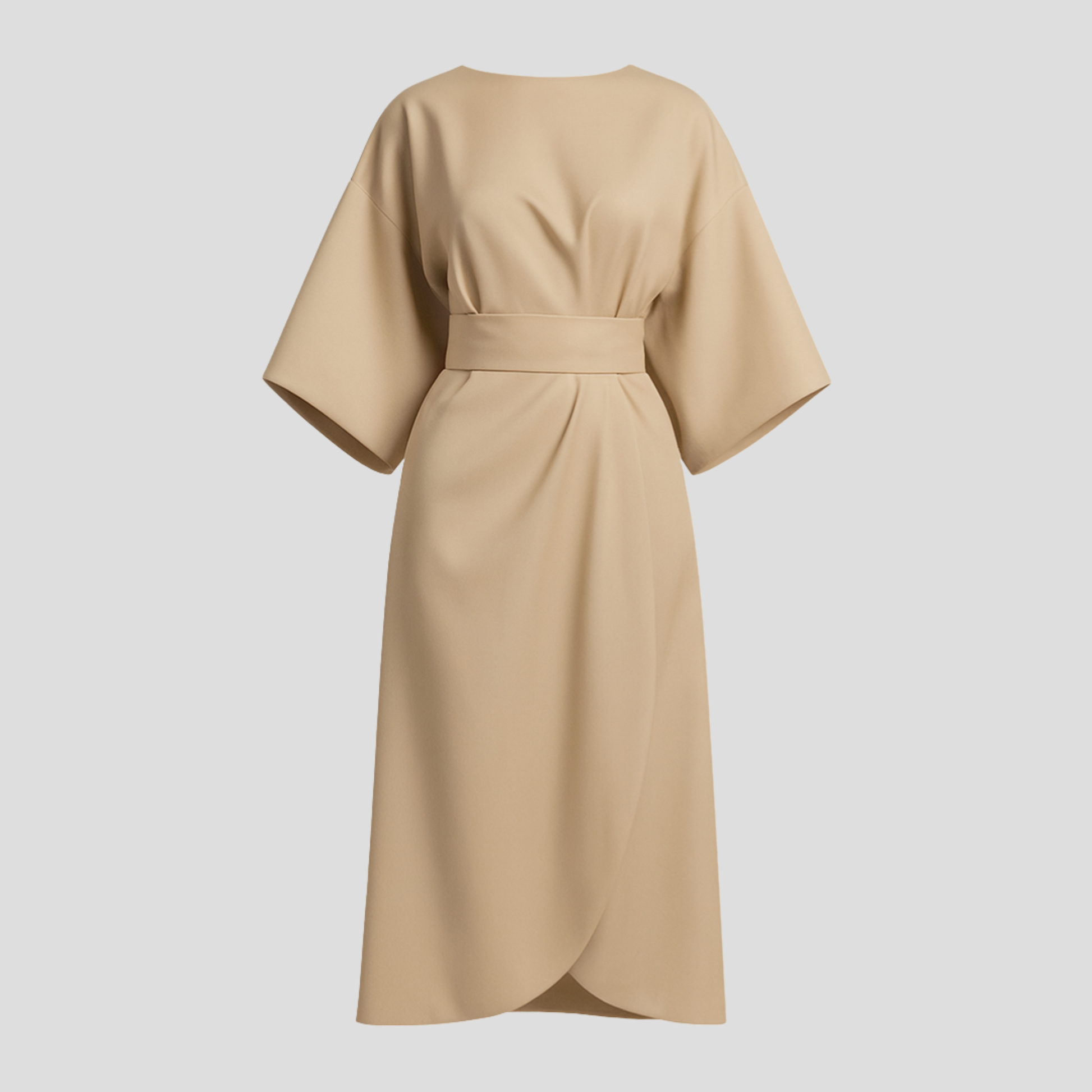 Women's belted floor-length maxi dress with a flowing skirt and defined waist